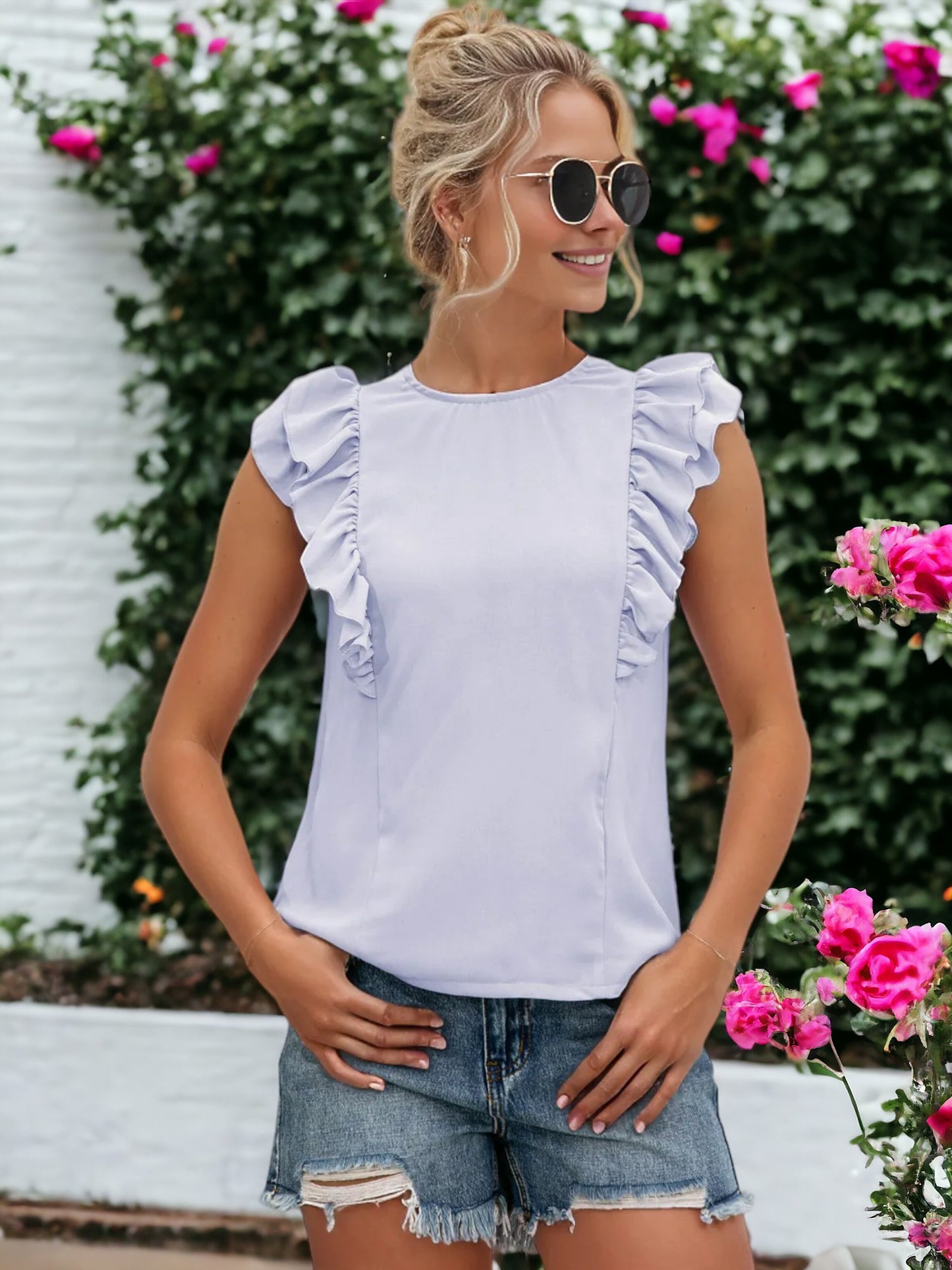 Ruffle Sleeveless Tied Open Back Blouse