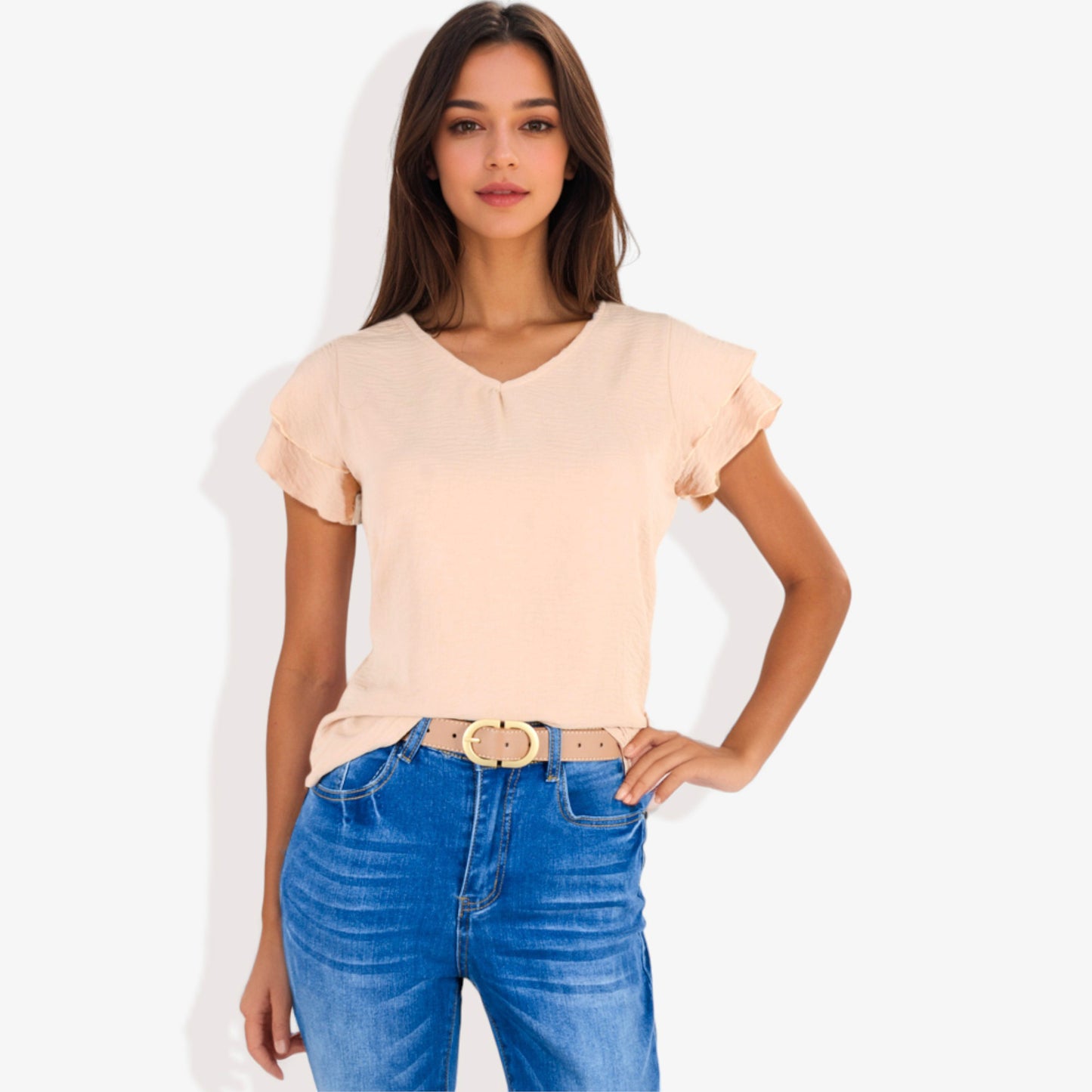 Blusa de mujer de manga corta con escote en V y mangas con volantes de doble capa