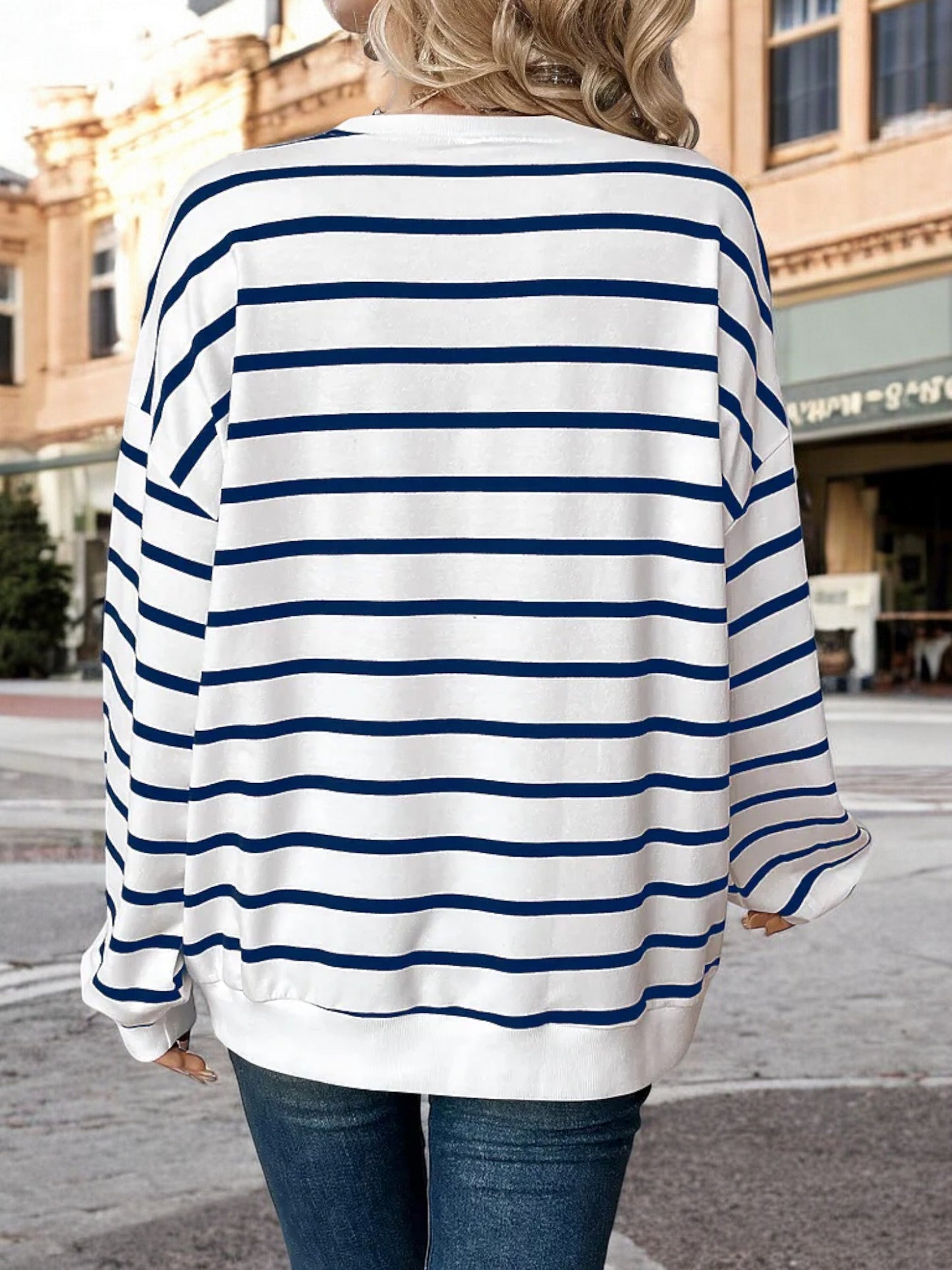 Anna-Kaci Women's Oversized Striped Long Sleeve Top with Drop Shoulders