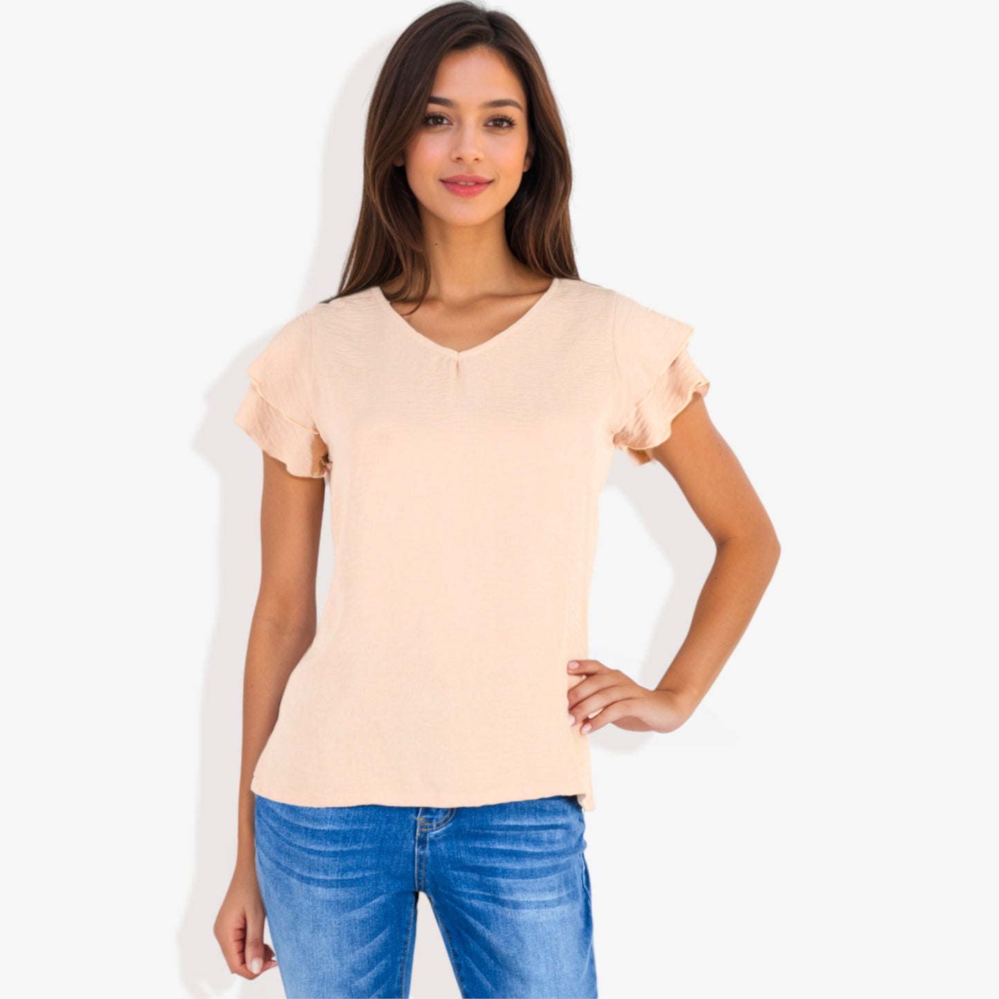 Blusa de mujer de manga corta con escote en V y mangas con volantes de doble capa