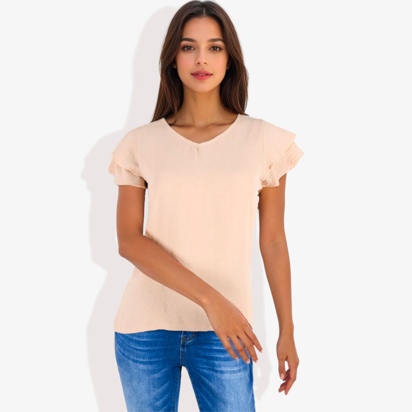 Blusa de mujer de manga corta con escote en V y mangas con volantes de doble capa