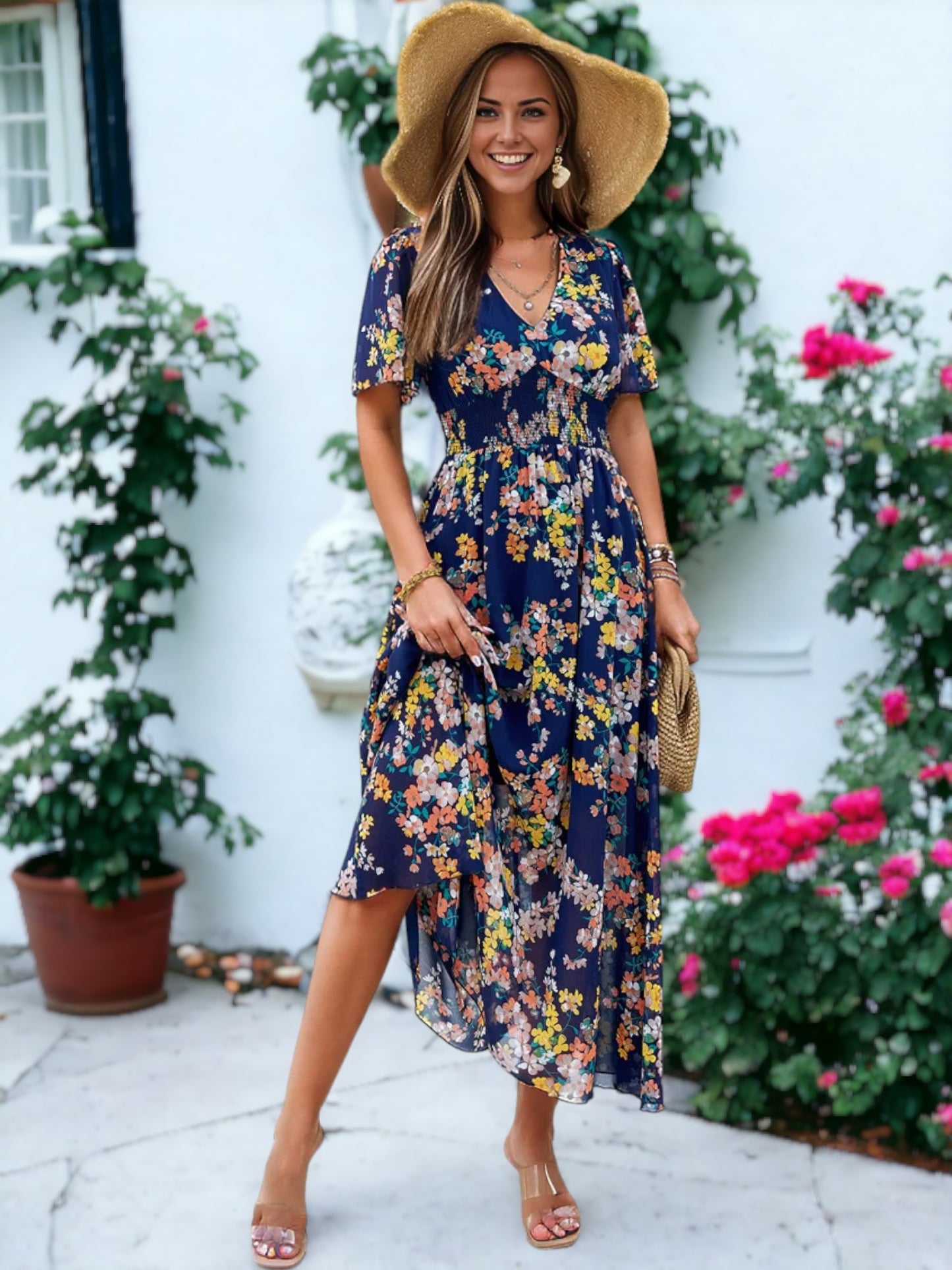 Vestido maxi fruncido de manga corta con estampado floral