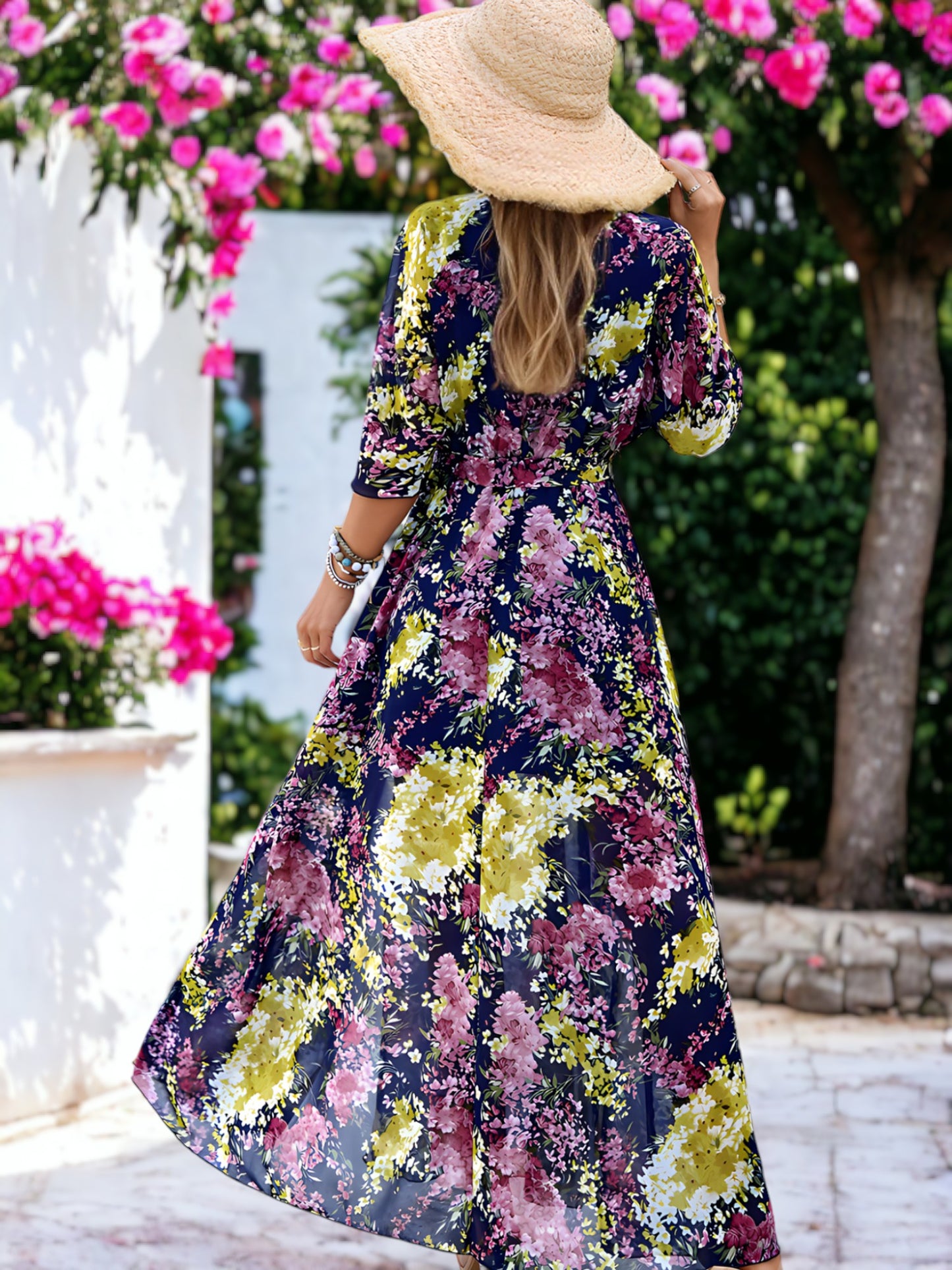 Floral Printed Midi Puffed Sleeve Wrap V-Neck Maxi Dress