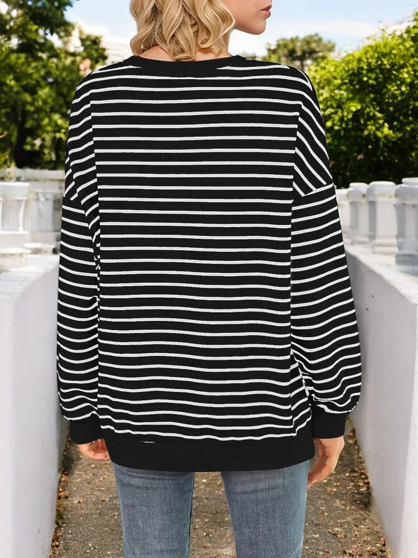 Anna-Kaci Women's Striped Long Sleeve Crew Neck Top with Drop Shoulder Design