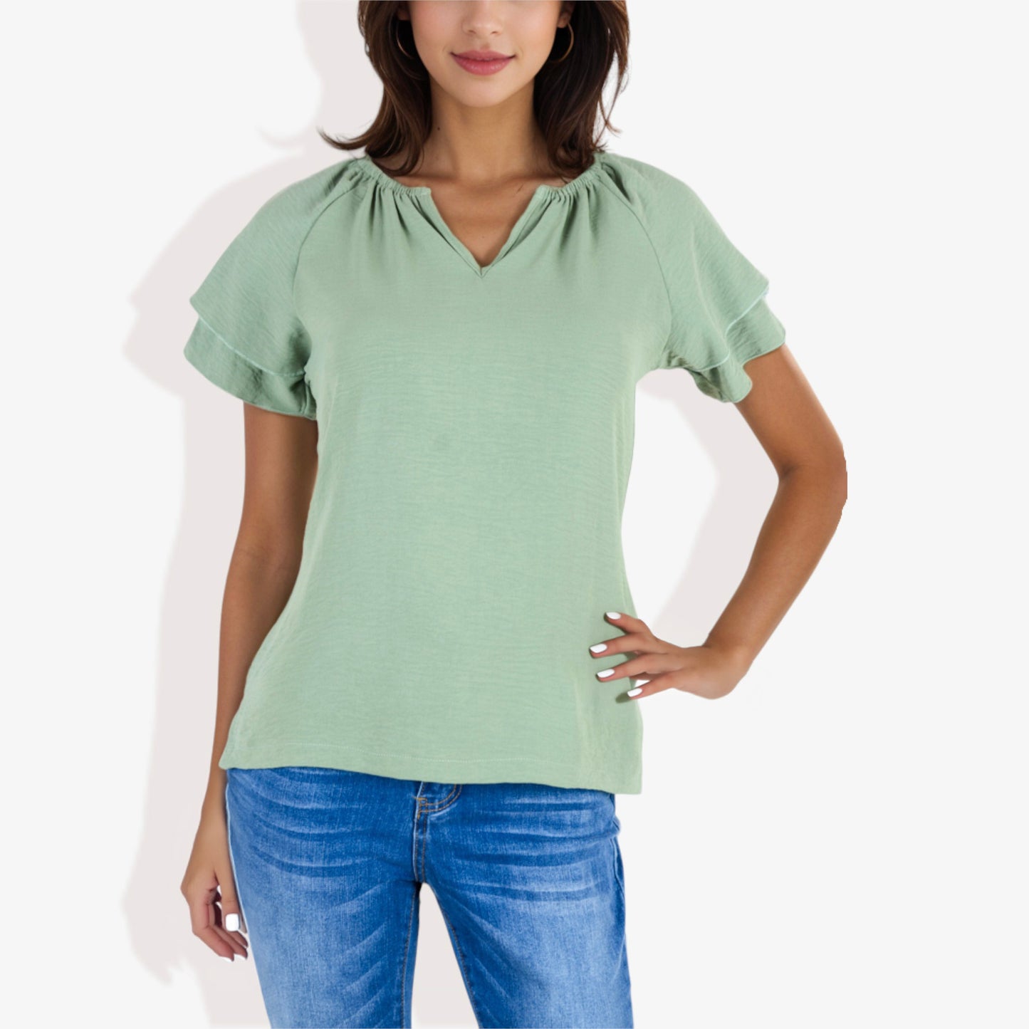 Blusa informal de mujer con escote en V y manga corta con fruncido