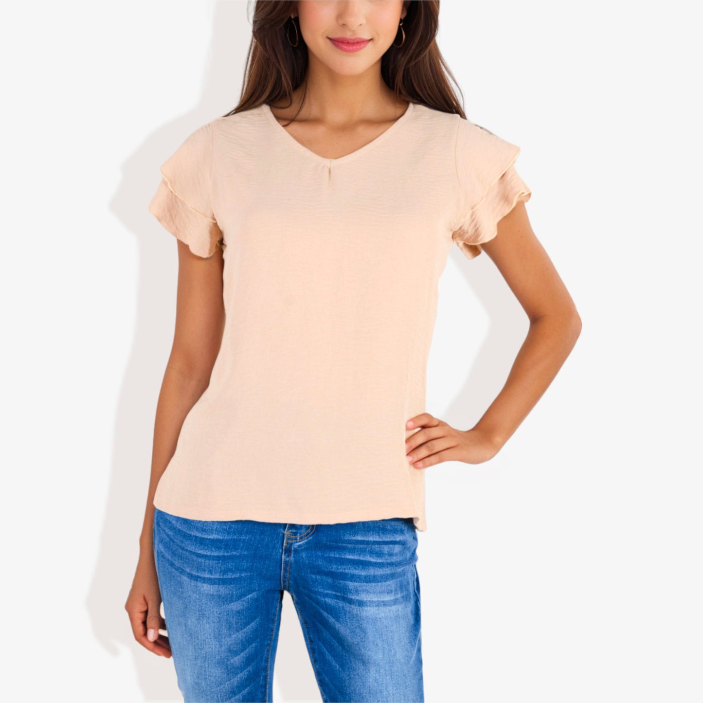 Blusa de mujer de manga corta con escote en V y mangas con volantes de doble capa