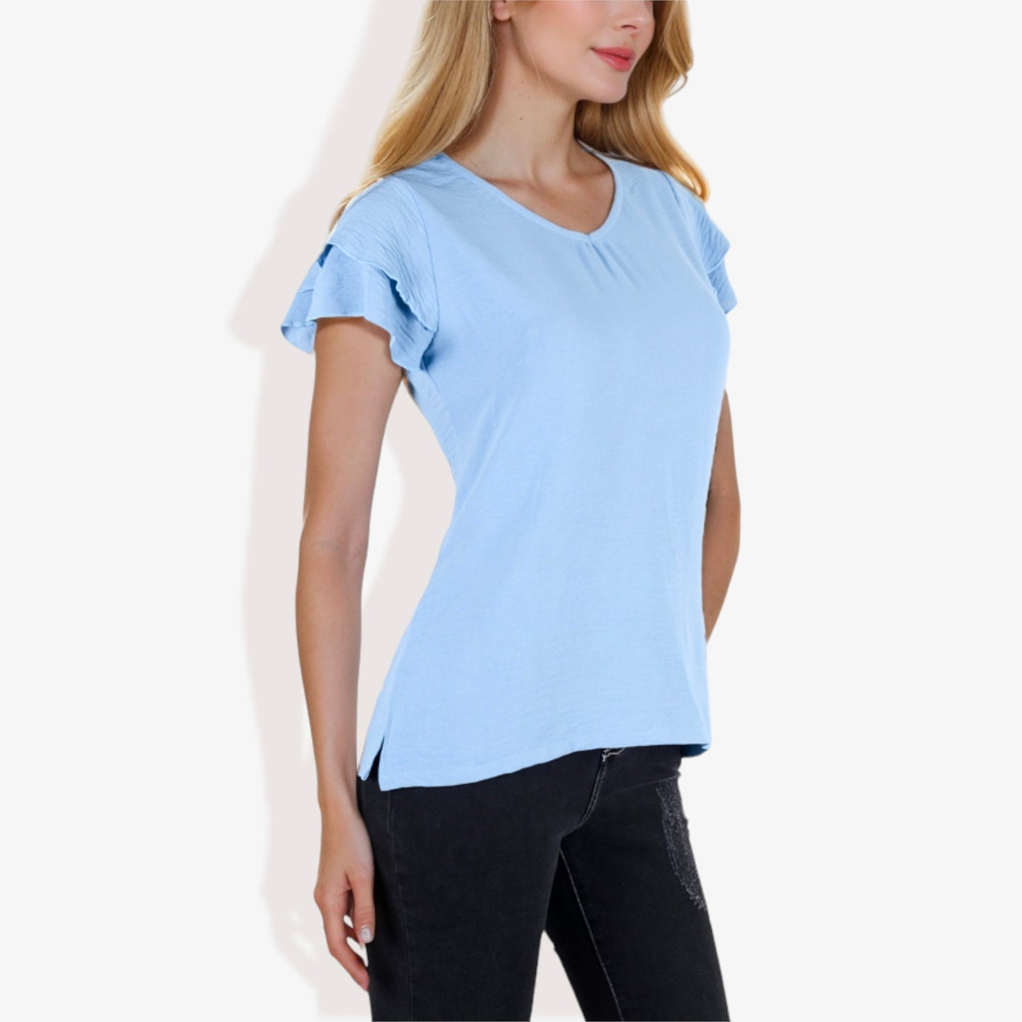 Blusa de mujer de manga corta con escote en V y mangas con volantes de doble capa
