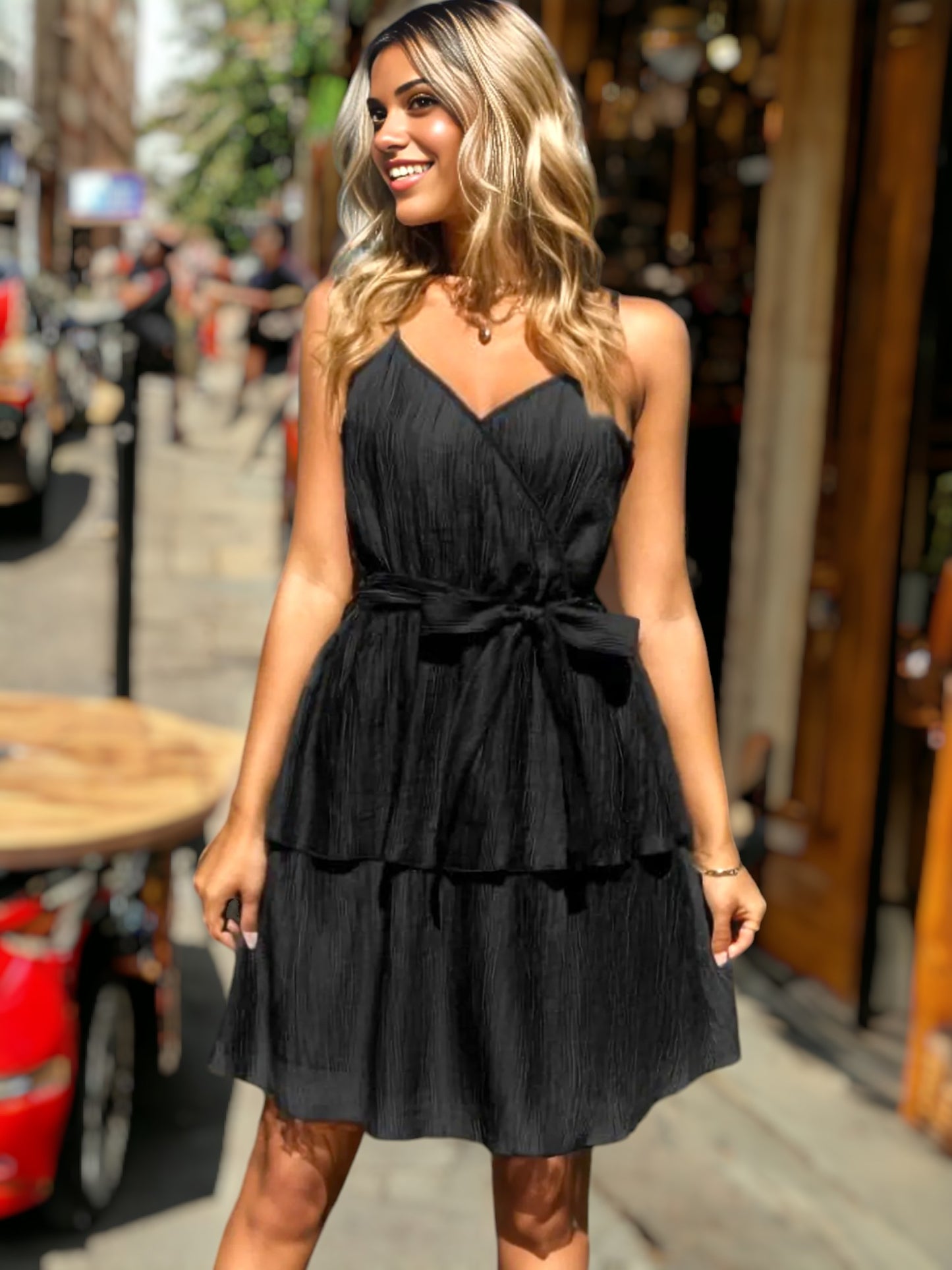 Vestido texturizado con capas y escote cruzado