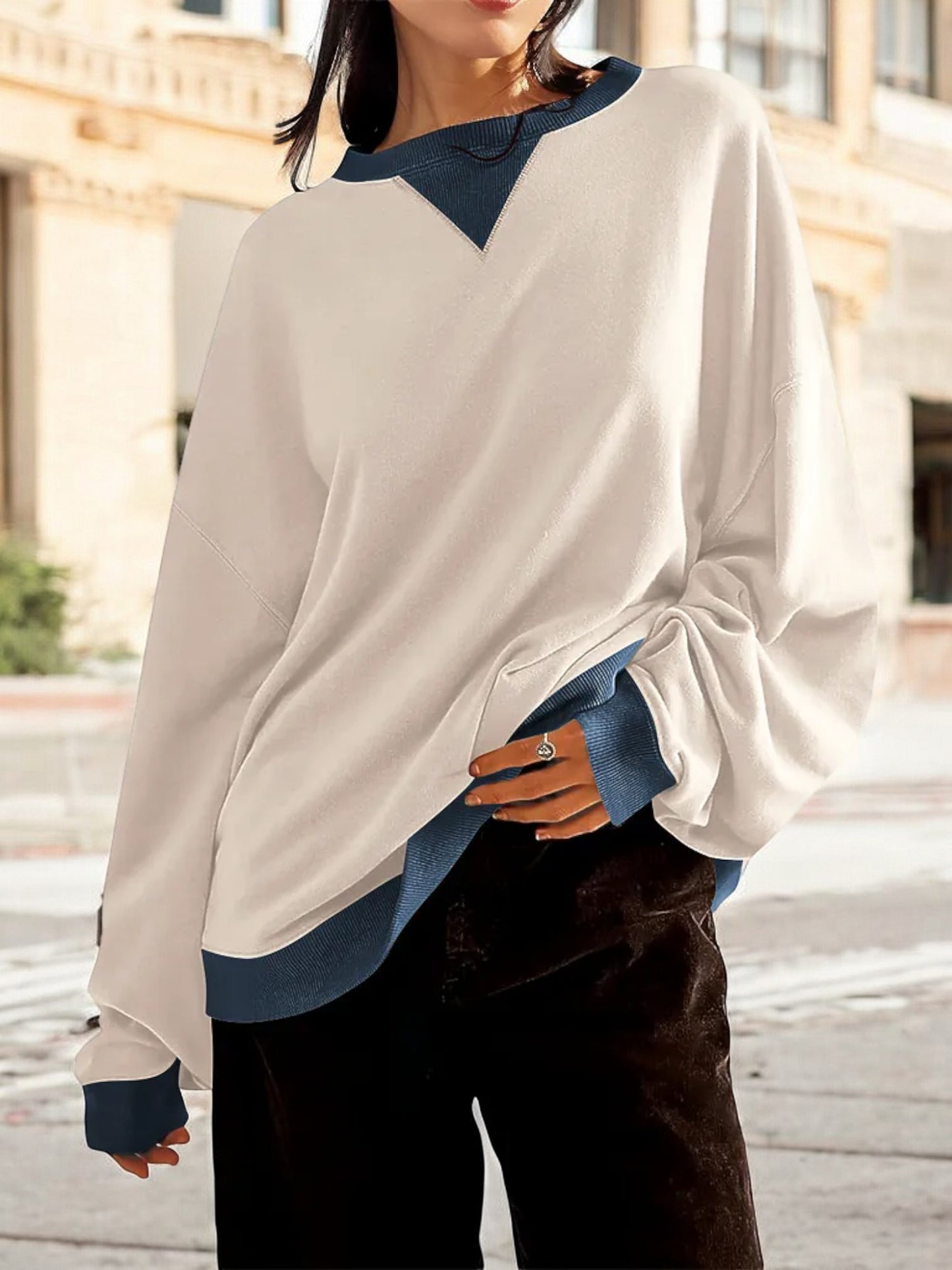 Anna-Kaci Women's Contrast Trim Crew Neck Sweatshirt with Long Sleeves and Relaxed Fit