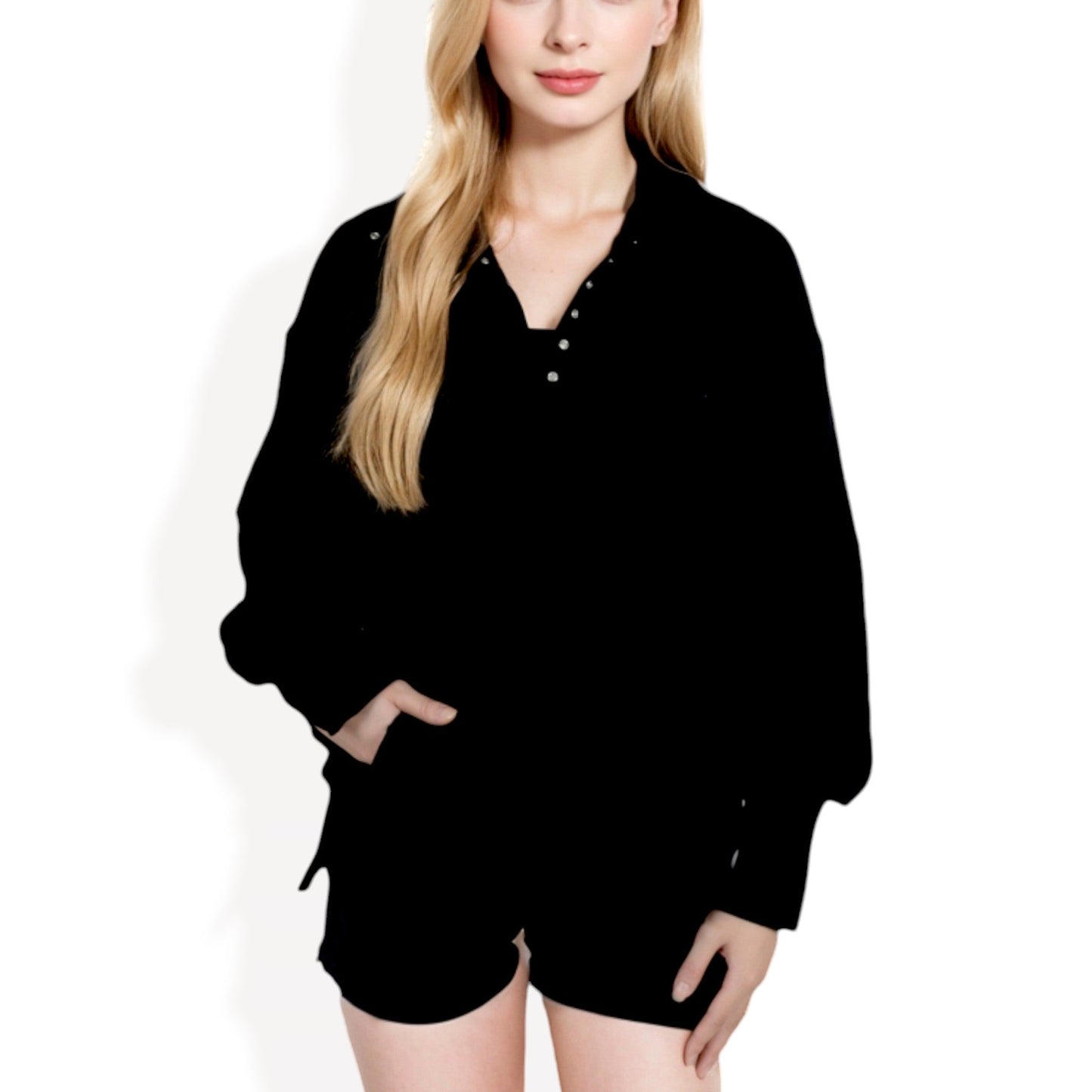 Anna-Kaci Women's Oversized Long Sleeve Pullover with Snap Button Collar and Raw Edge Hem