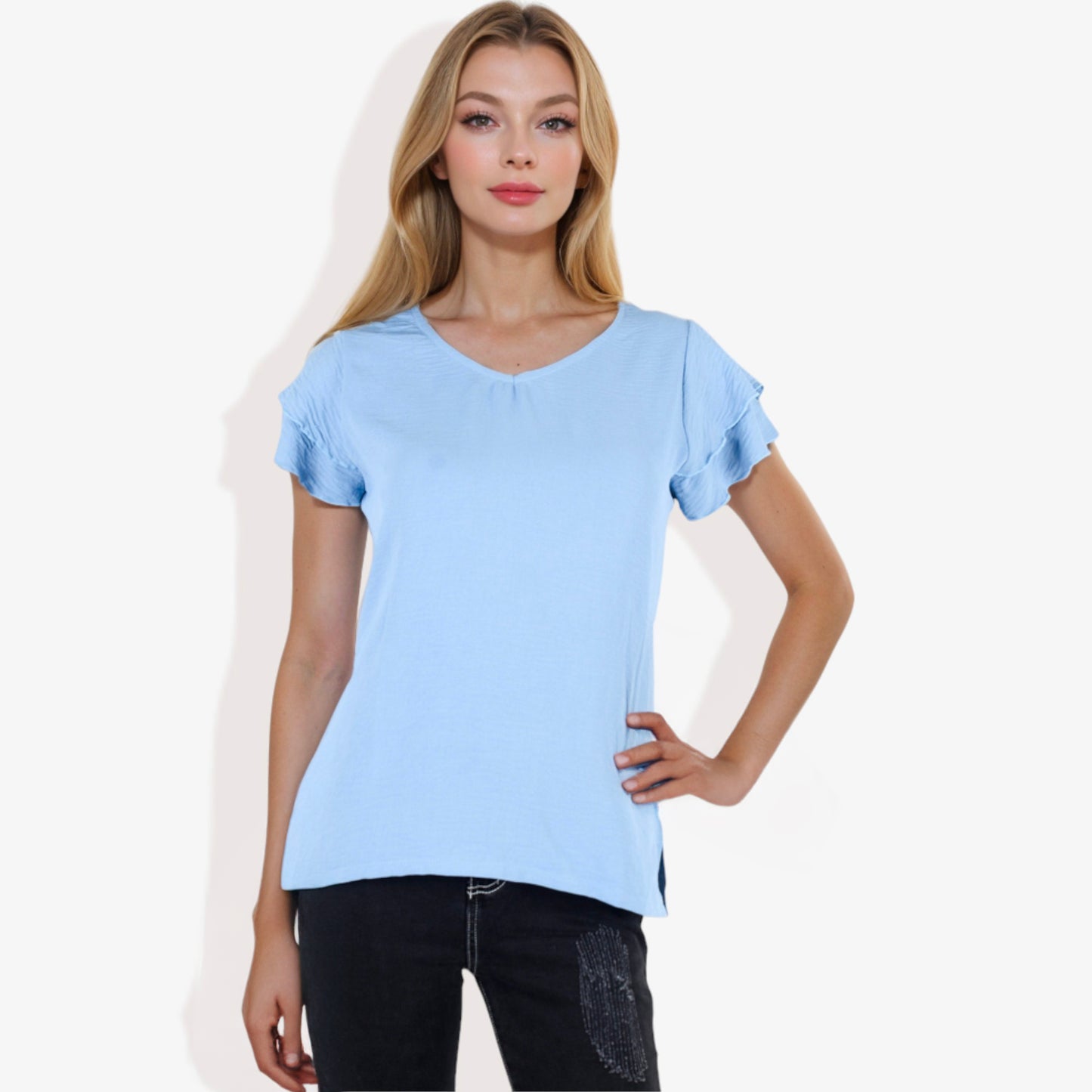 Blusa de mujer de manga corta con escote en V y mangas con volantes de doble capa