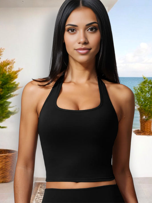 Top corto con cuello halter para mujer, diseño de espalda cruzada y corte elástico