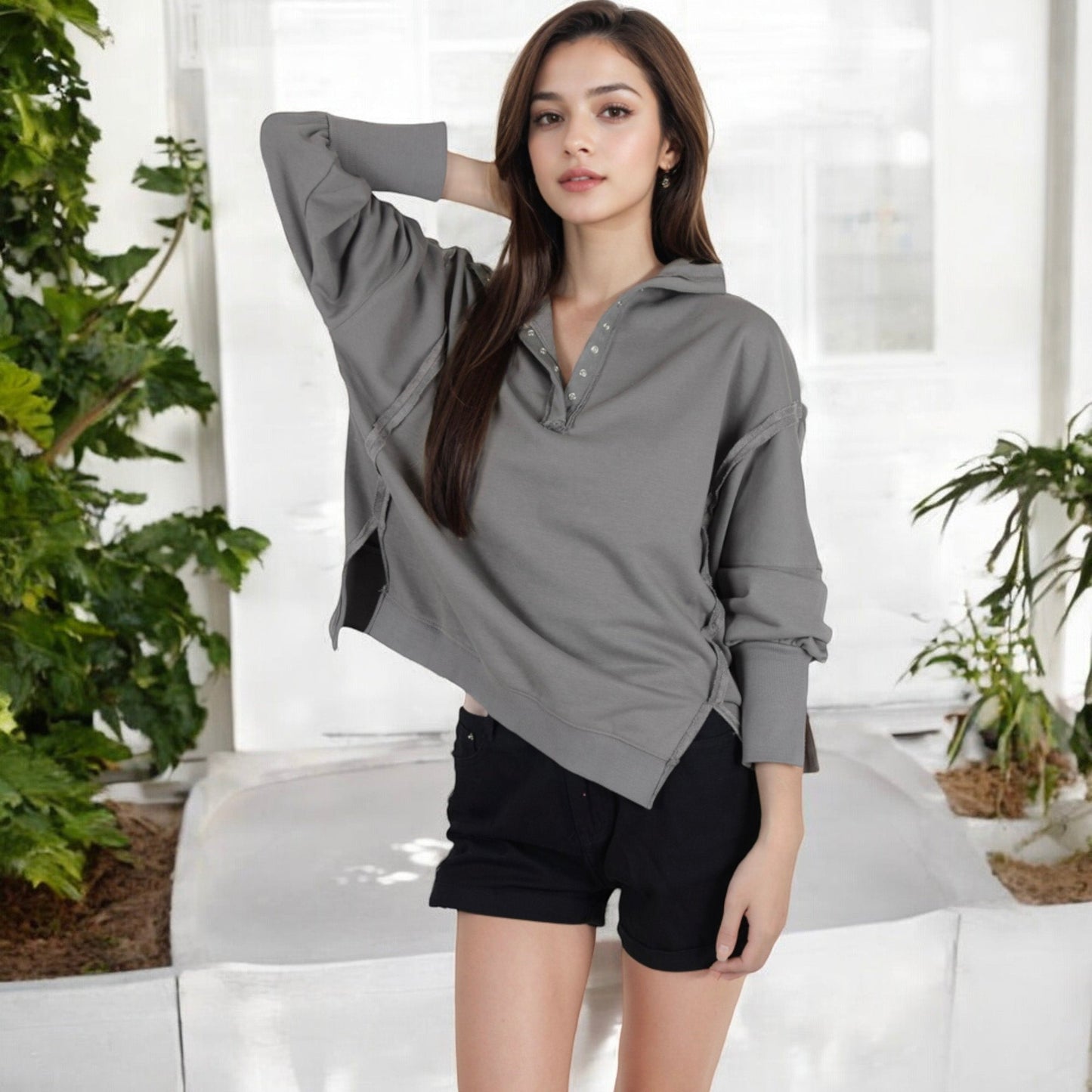 Anna-Kaci Women's Oversized Long Sleeve Pullover with Snap Button Collar and Raw Edge Hem