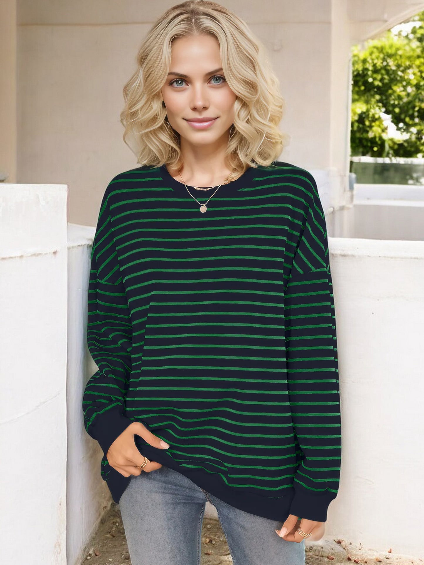 Anna-Kaci Women's Striped Long Sleeve Crew Neck Top with Drop Shoulder Design