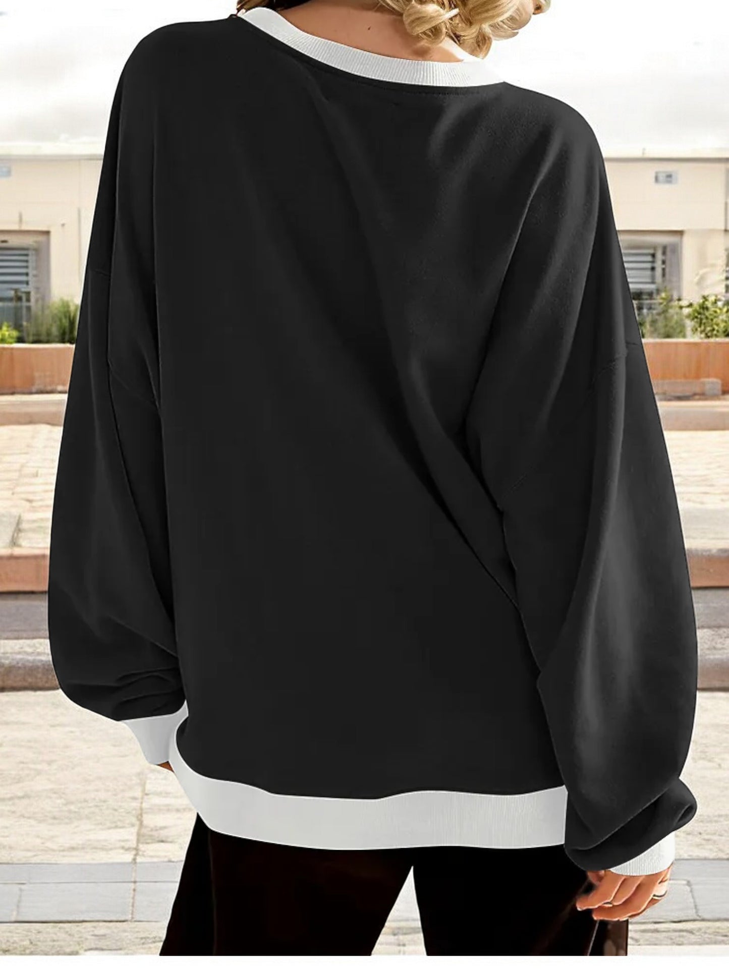 Anna-Kaci Women's Contrast Trim Crew Neck Sweatshirt with Long Sleeves and Relaxed Fit