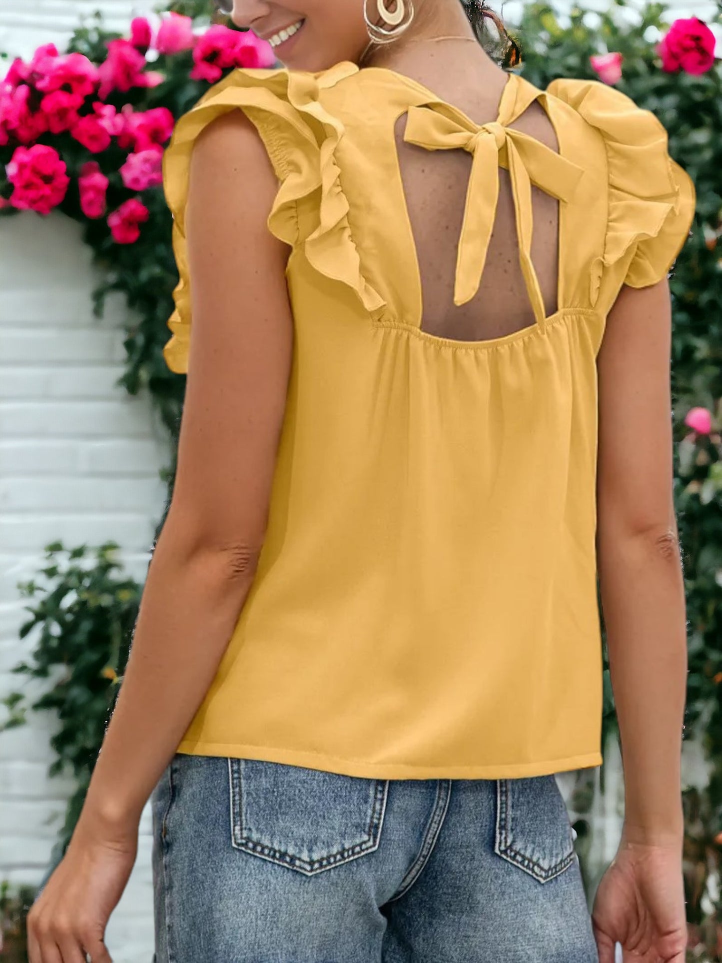 Ruffle Sleeveless Tied Open Back Blouse