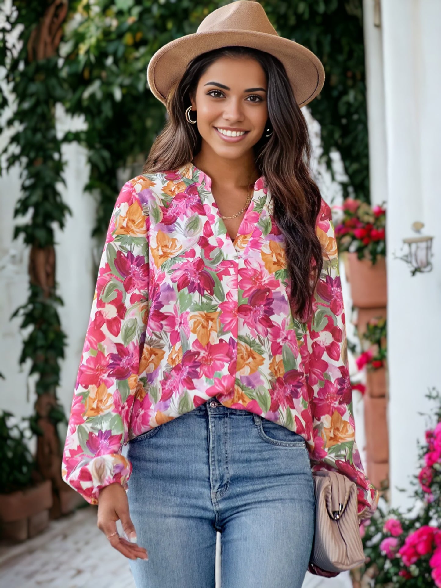 Split V Neck Multicolor Floral Blouse