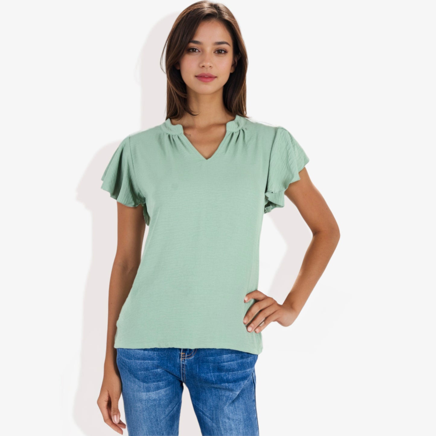 Blusa de mujer de manga corta con escote en V y mangas con volantes de doble capa