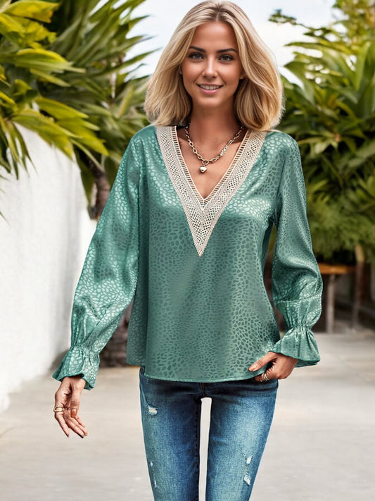 Anna-Kaci Women's Long Sleeve V-Neck Blouse with Leopard Print and Lace Trim