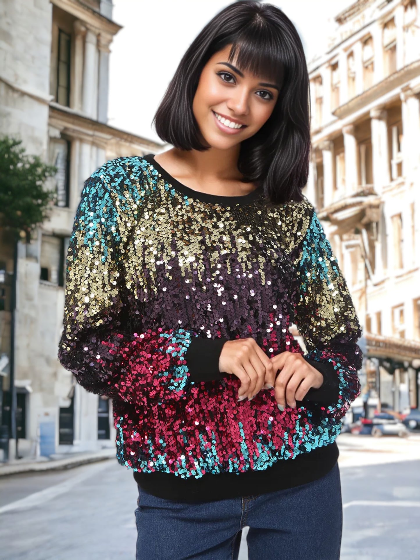Sequin Sweatshirt Round Neck Long Sleeve Ribbed Cuffs Pullover