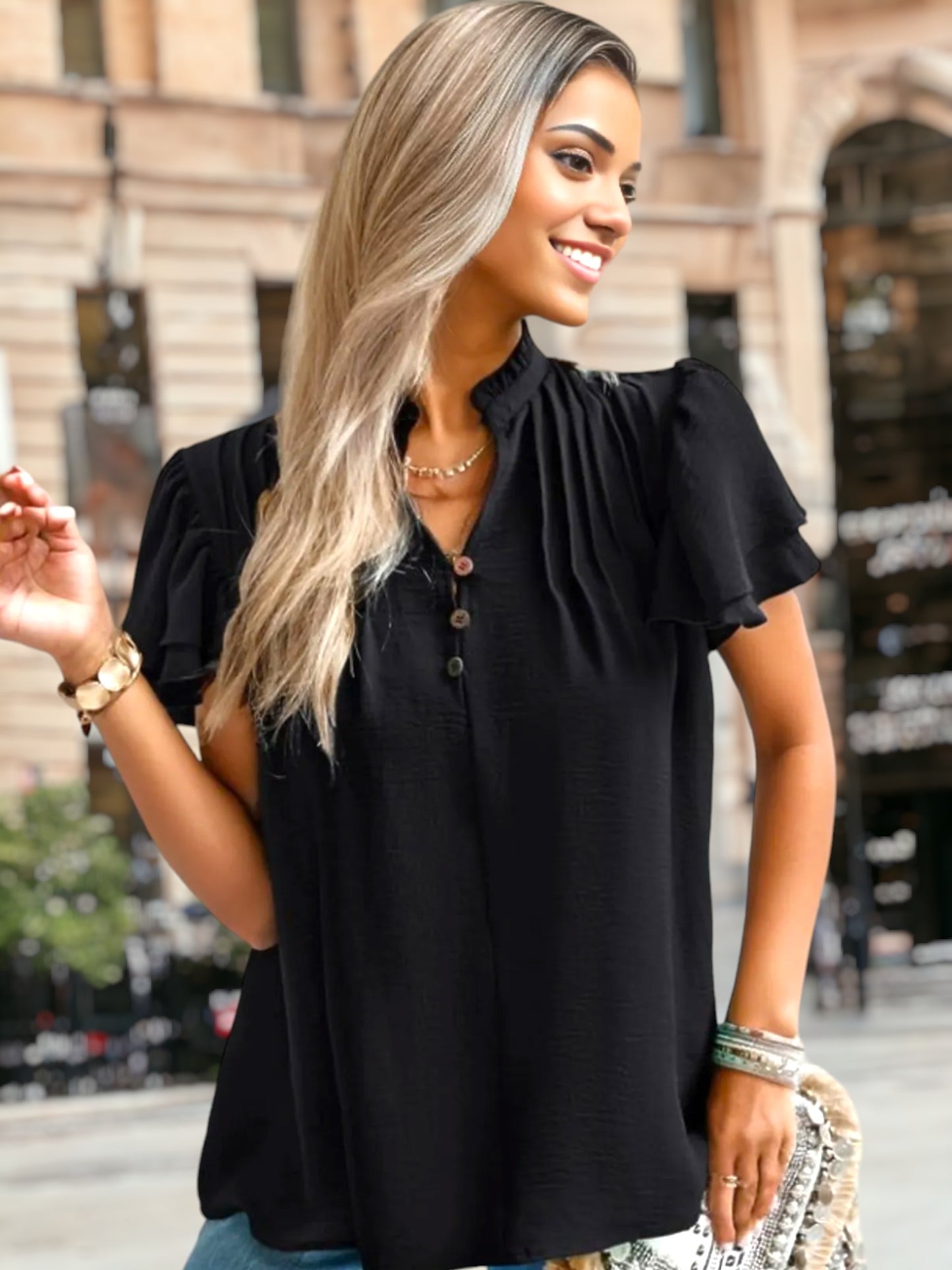 Pleated Detail Flutter Sleeve Blouse