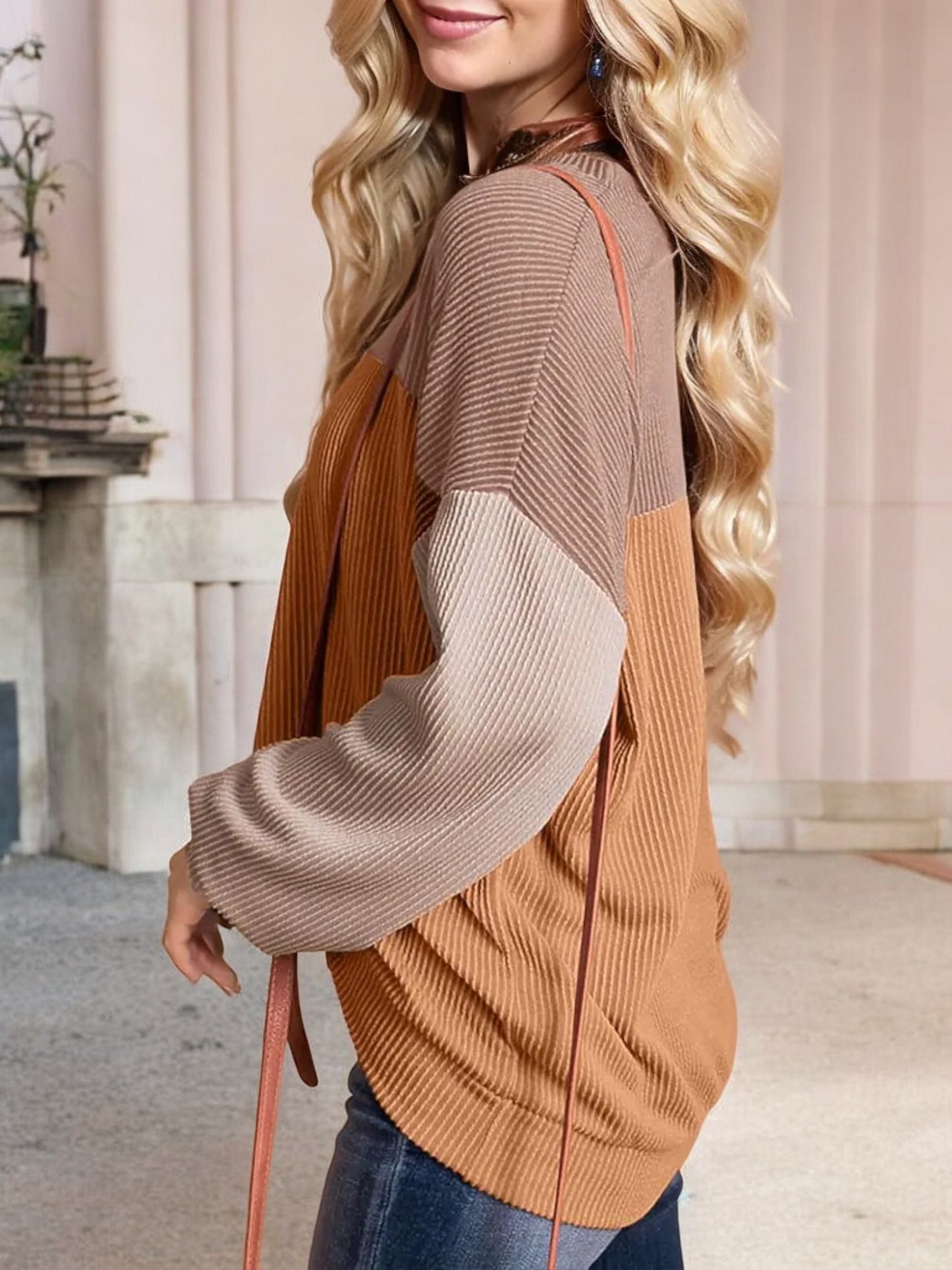 Anna-Kaci Women's Color Block Ribbed Knit Sweater with Long Sleeves and Crew Neckline