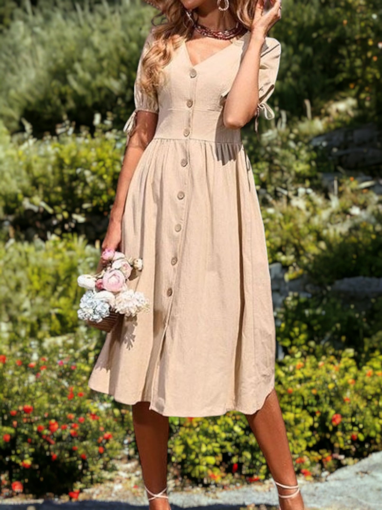 Vestido informal de manga corta con lazo, largo midi, abotonado y corte A