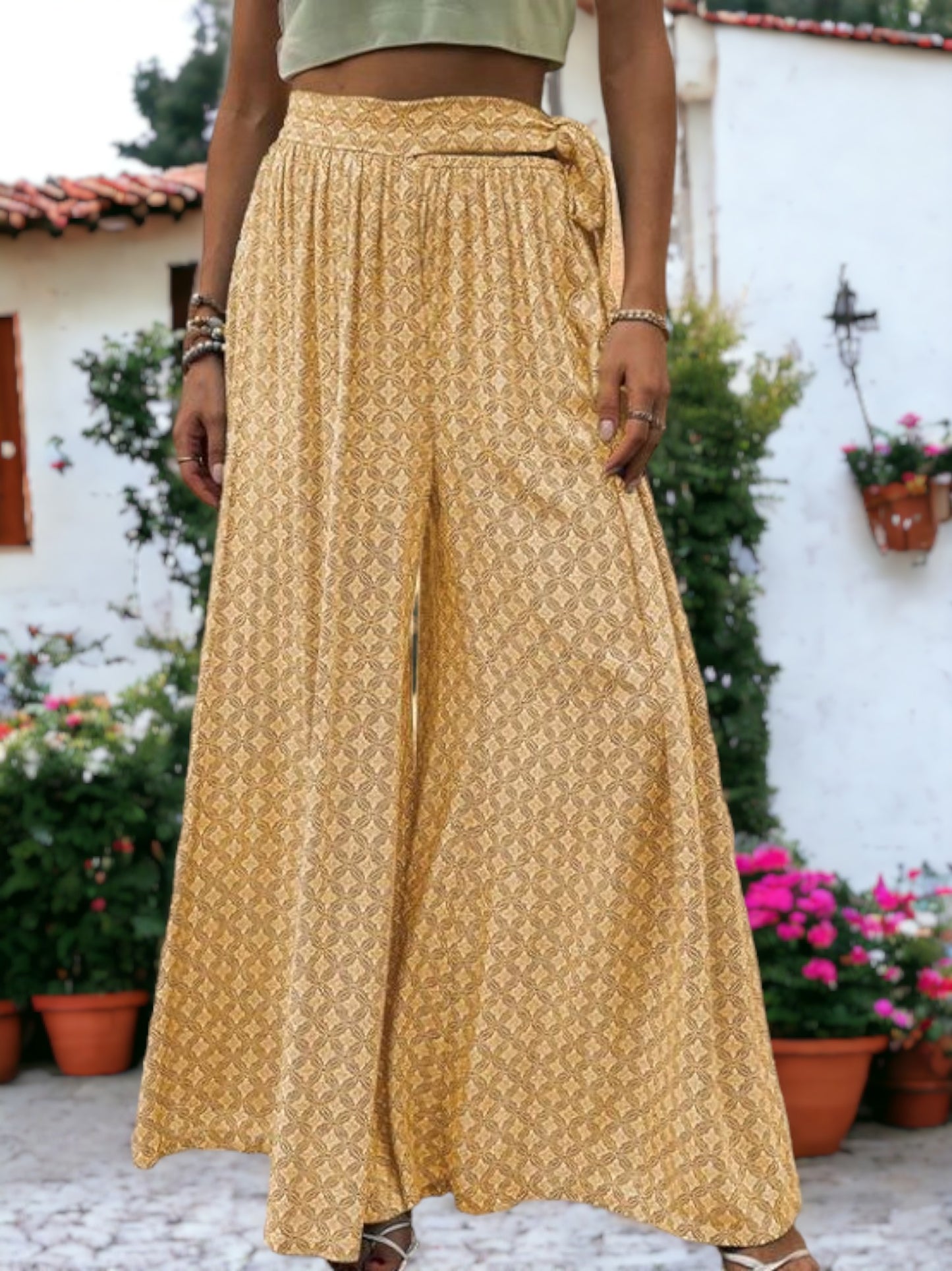 Tie Waist Casual Wide Legged Loose Printed Pants