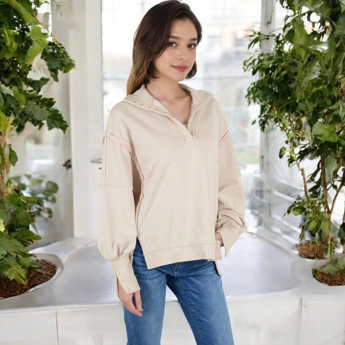 Anna-Kaci Women's Oversized Long Sleeve Pullover with Snap Button Collar and Raw Edge Hem