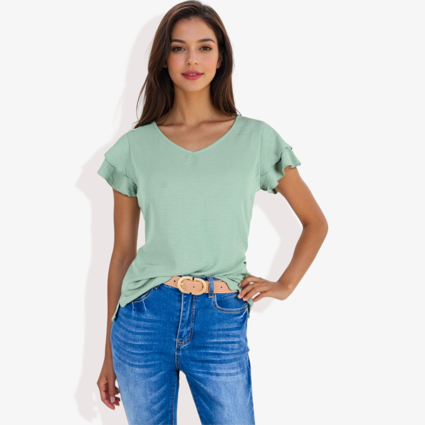 Blusa de mujer de manga corta con escote en V y mangas con volantes de doble capa