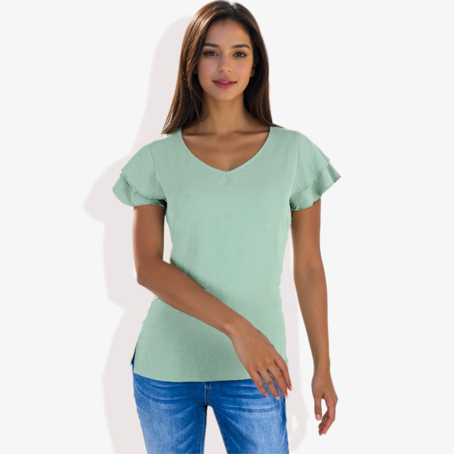 Blusa de mujer de manga corta con escote en V y mangas con volantes de doble capa