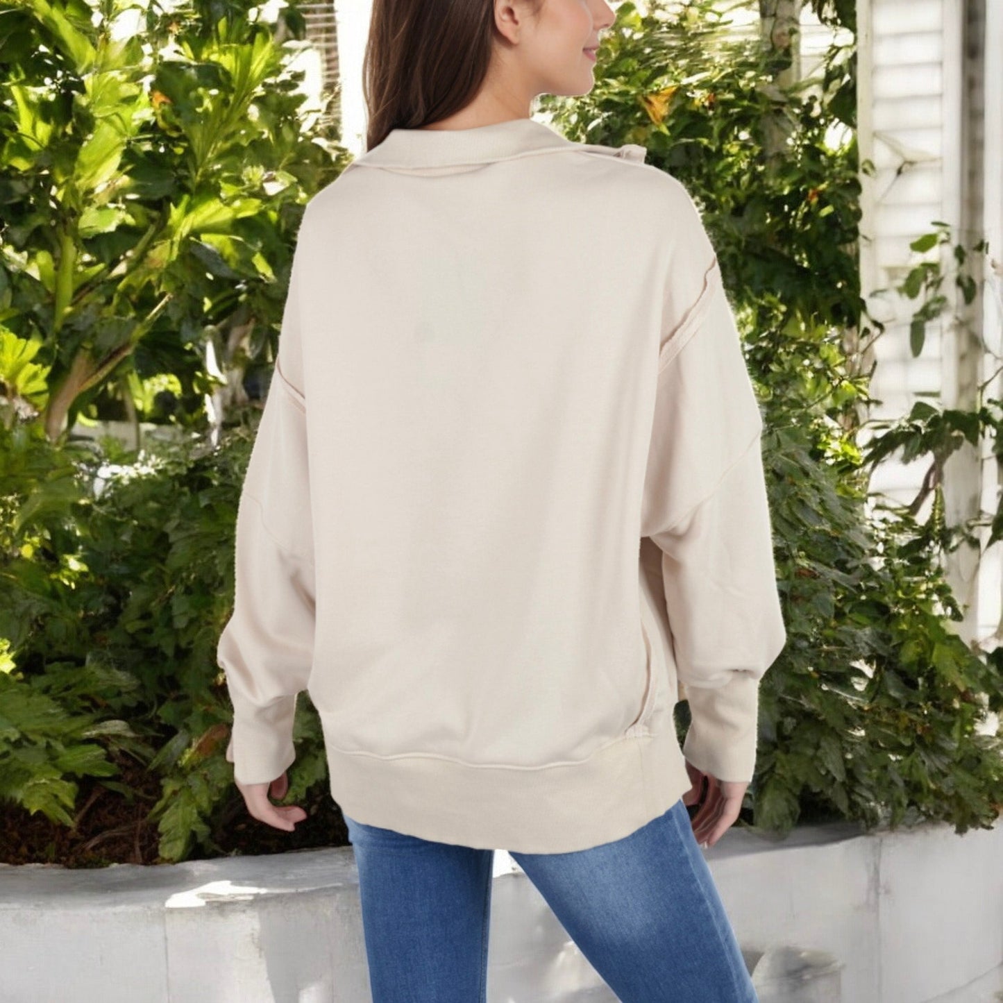 Anna-Kaci Women's Oversized Long Sleeve Pullover with Snap Button Collar and Raw Edge Hem