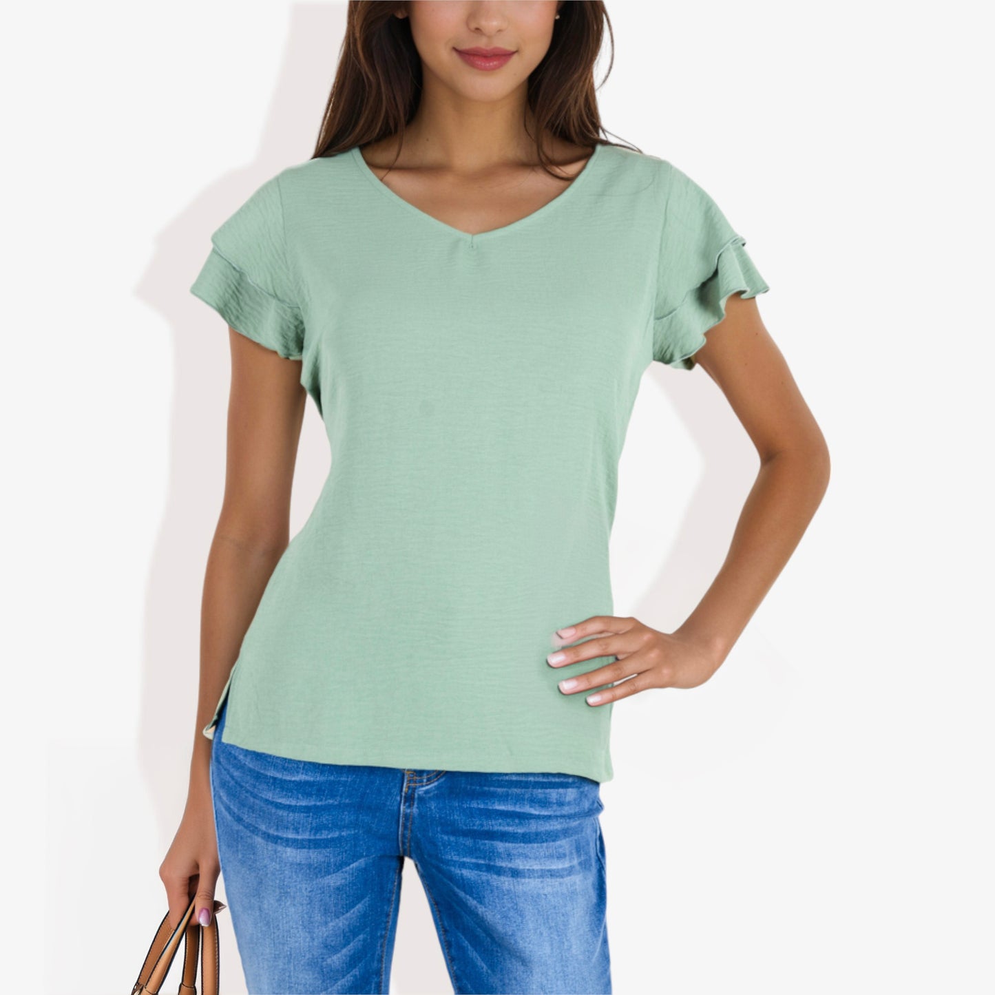 Blusa de mujer de manga corta con escote en V y mangas con volantes de doble capa