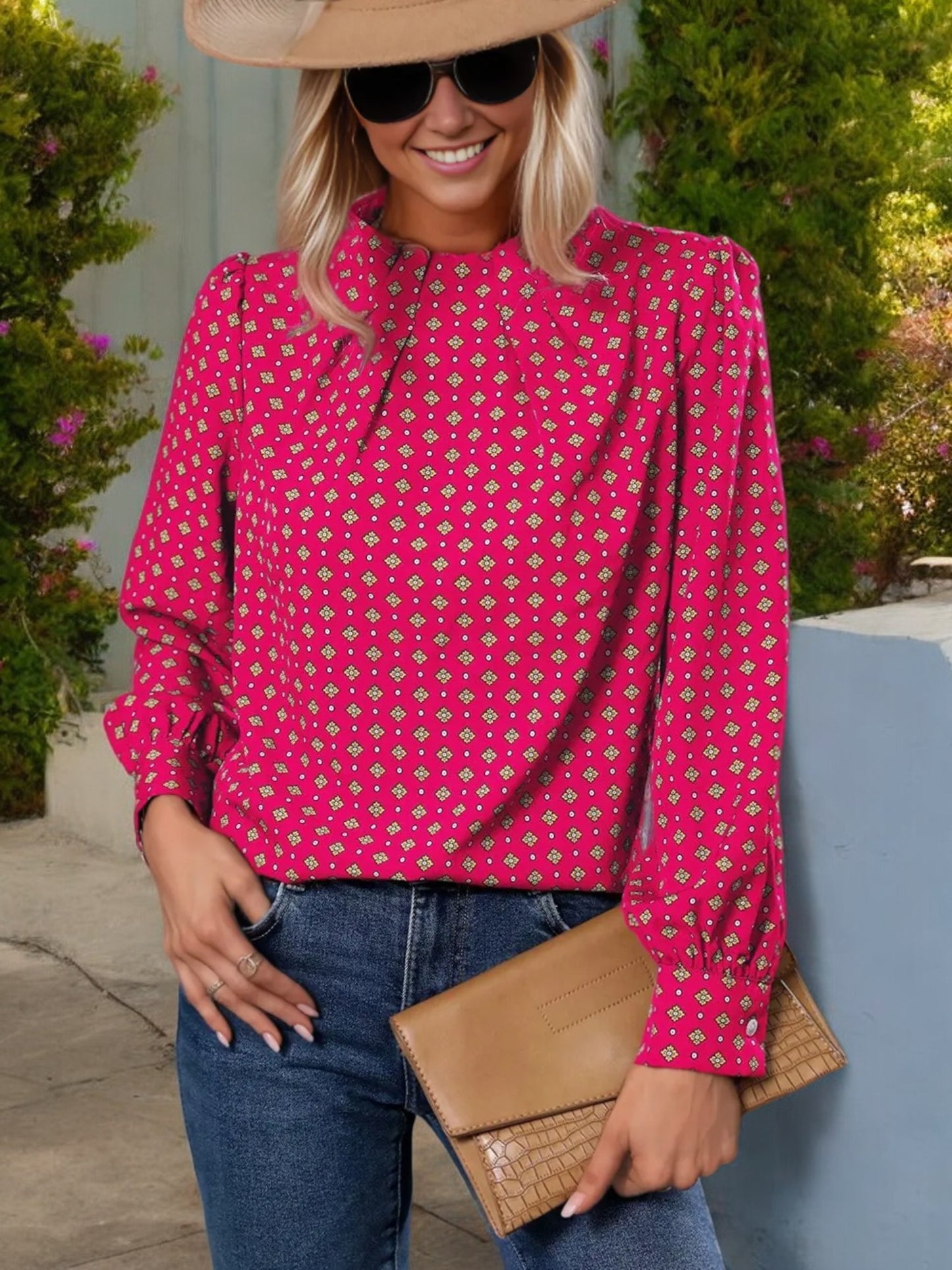 Blusa de cuello alto y manga larga para mujer de Anna-Kaci con estampado geométrico