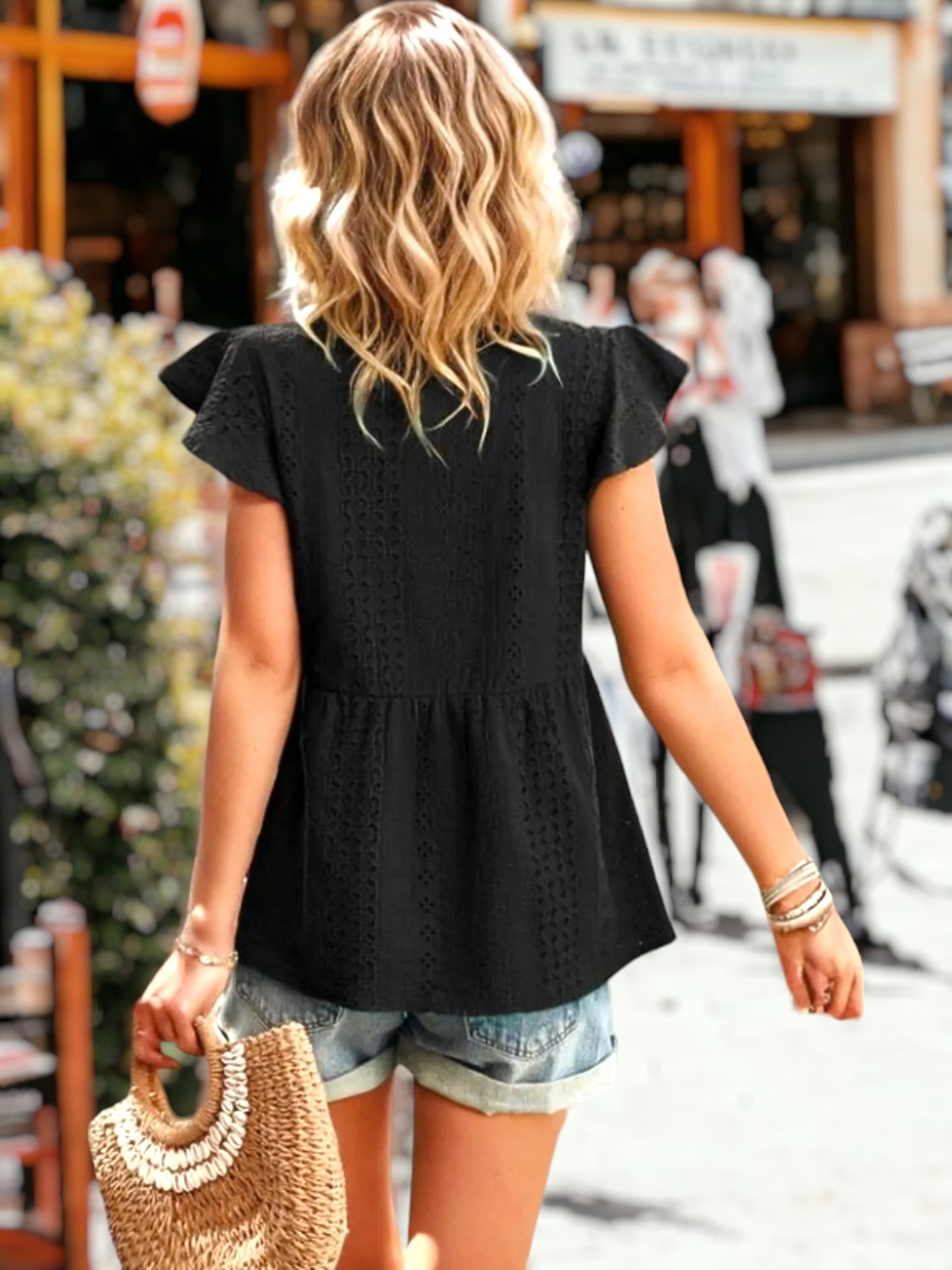 Eyelet Flutter Sleeve Blouse