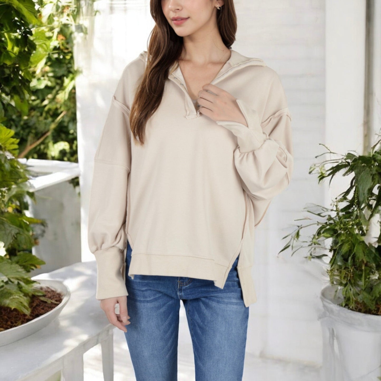 Anna-Kaci Women's Oversized Long Sleeve Pullover with Snap Button Collar and Raw Edge Hem