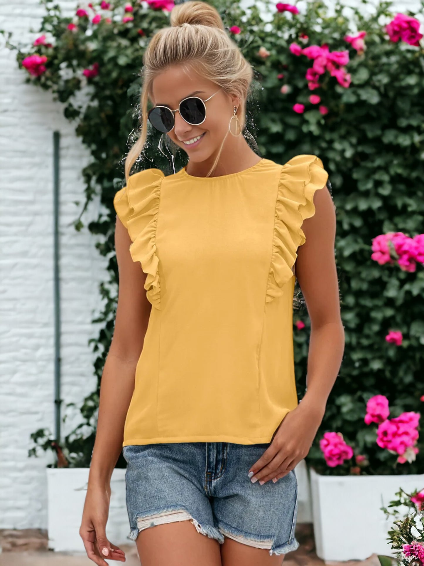 Ruffle Sleeveless Tied Open Back Blouse