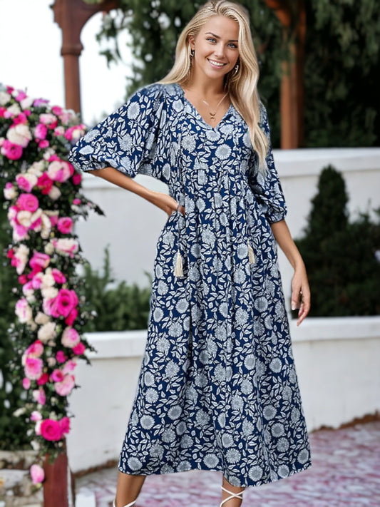 Floral Print Dolman Sleeve V-Neck Midi Dress