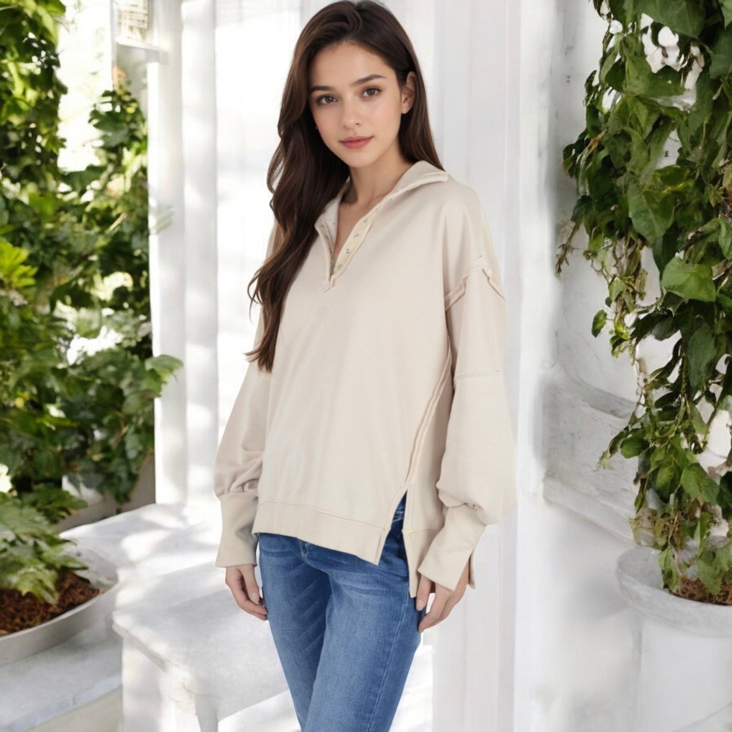 Anna-Kaci Women's Oversized Long Sleeve Pullover with Snap Button Collar and Raw Edge Hem