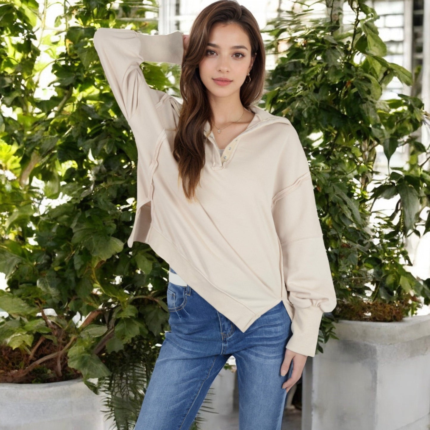 Anna-Kaci Women's Oversized Long Sleeve Pullover with Snap Button Collar and Raw Edge Hem