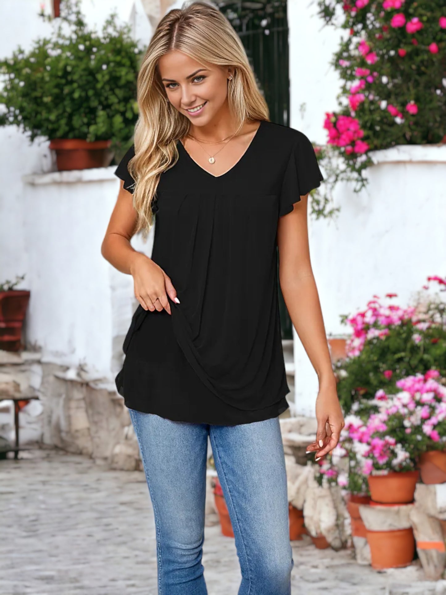V-Neck Flutter Sleeved Two Layer Mesh Detail Blouse