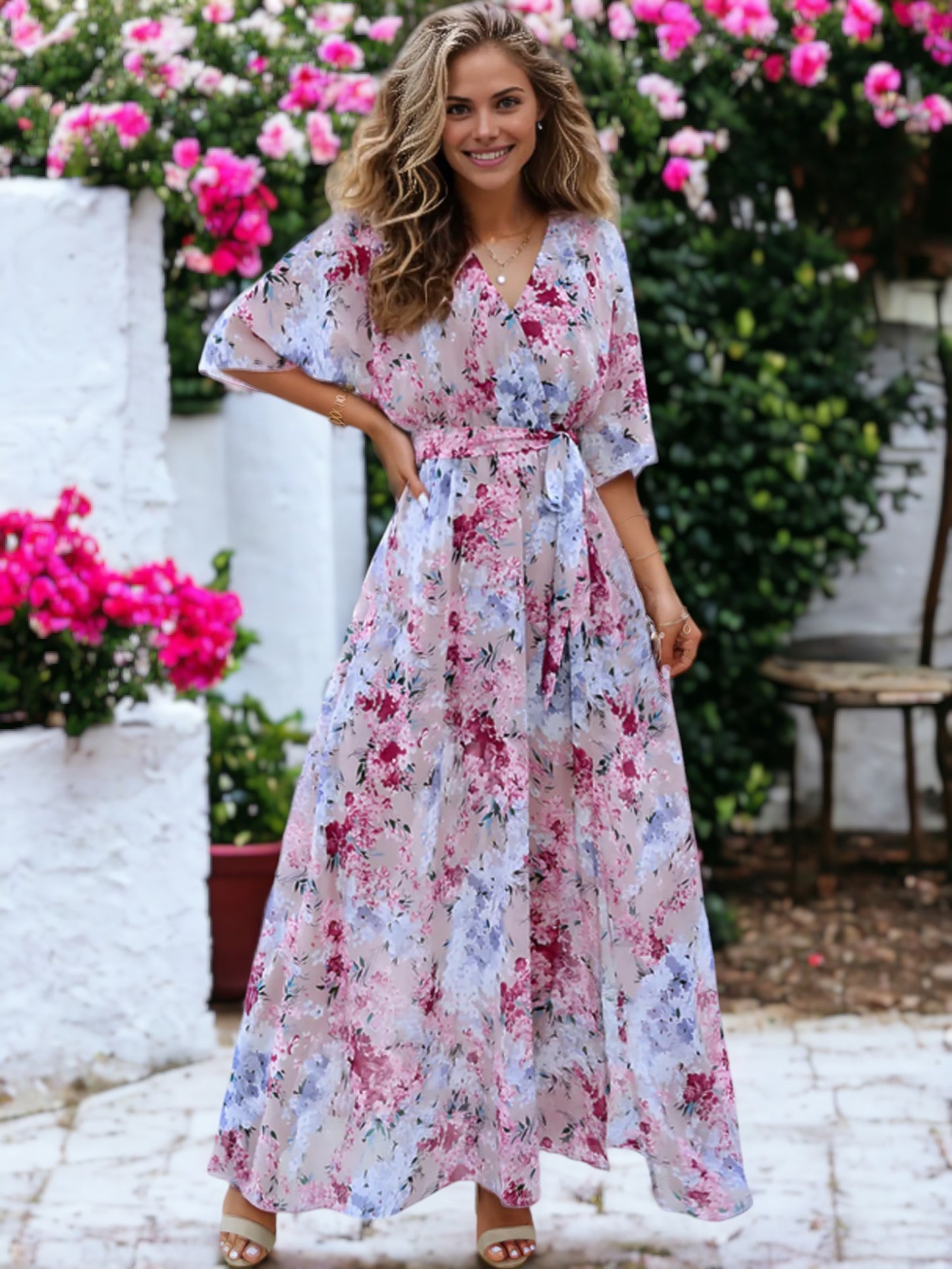 Floral Printed Midi Puffed Sleeve Wrap V-Neck Maxi Dress