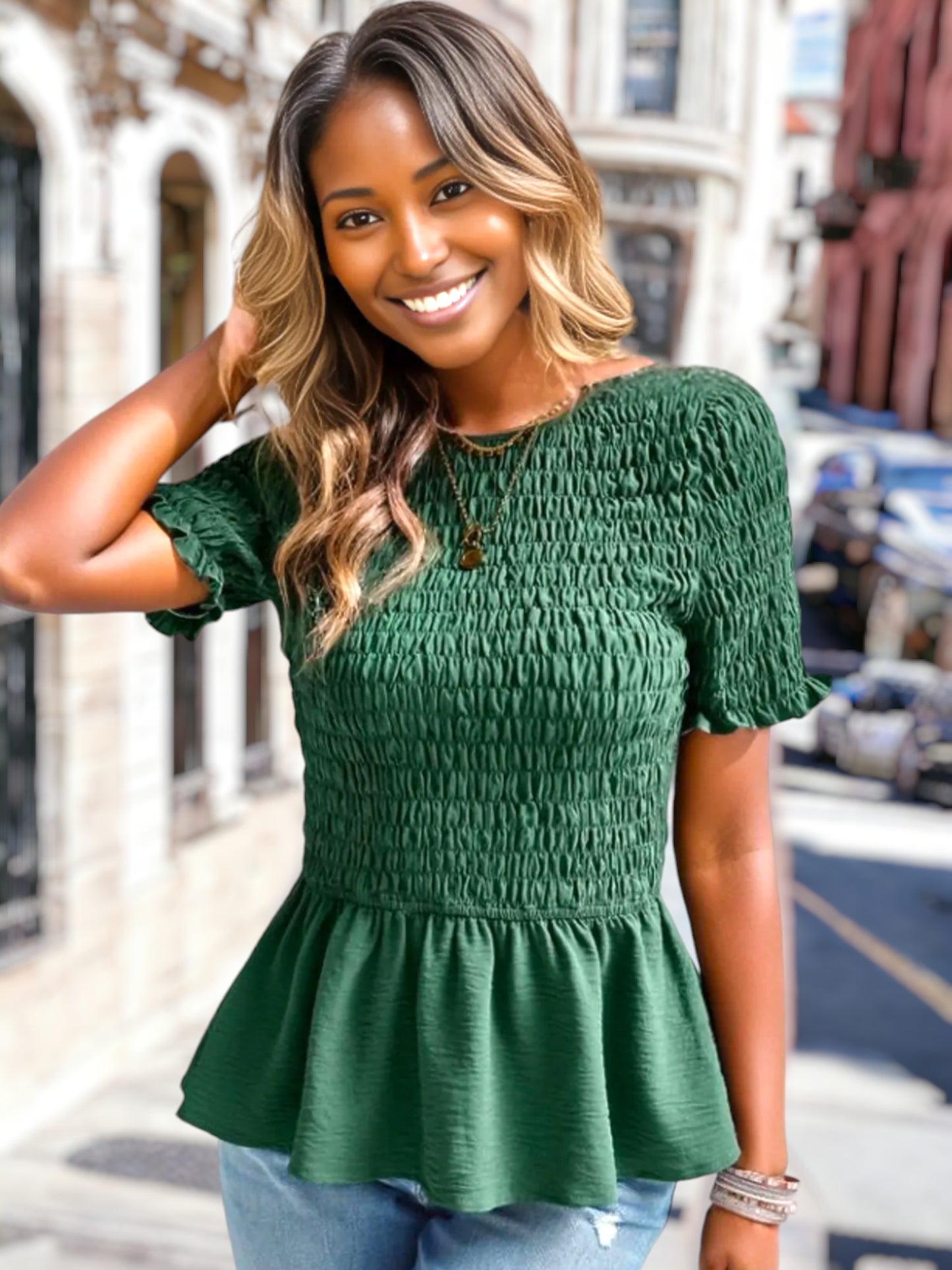 Round Neck Shirred Peplum Blouse