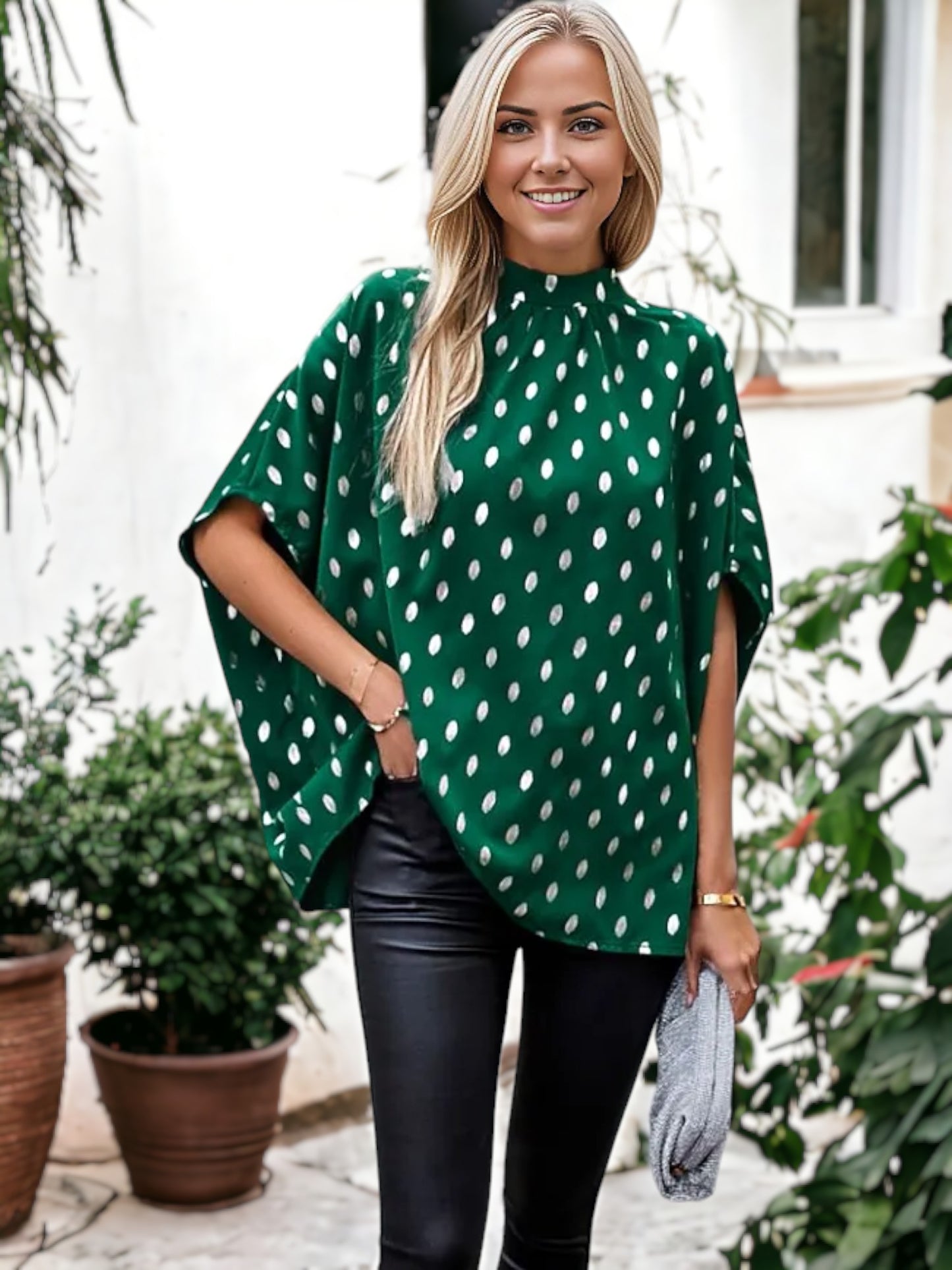 Spotted Print Dolman Sleeve Blouse