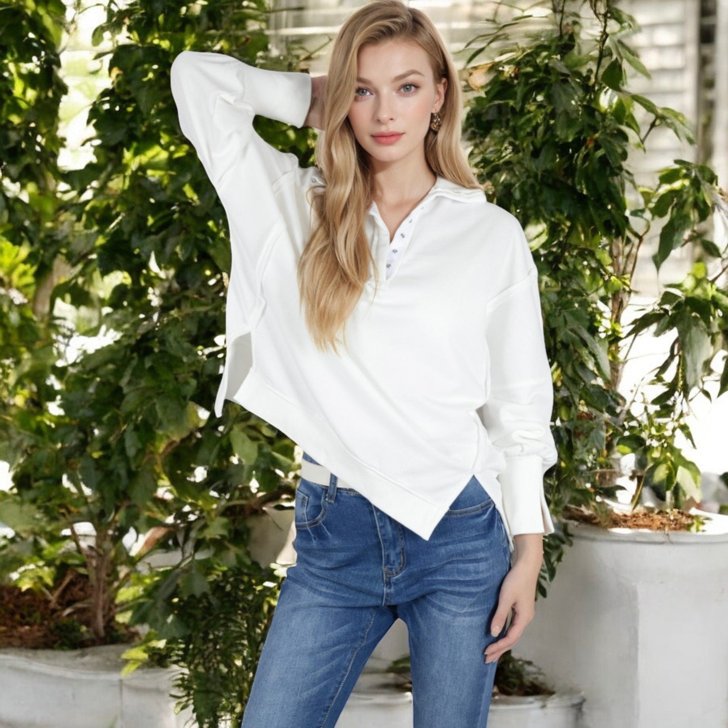Anna-Kaci Women's Oversized Long Sleeve Pullover with Snap Button Collar and Raw Edge Hem