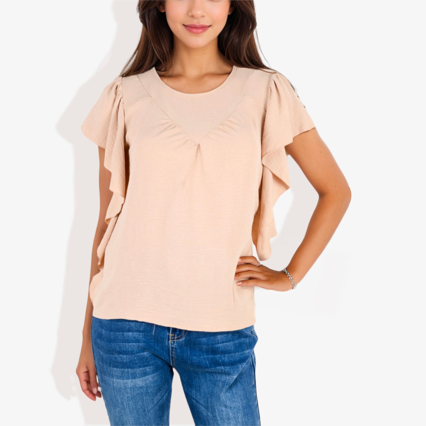 Women's Short Sleeve Pleated Front Blouse with Ruffle Sleeves
