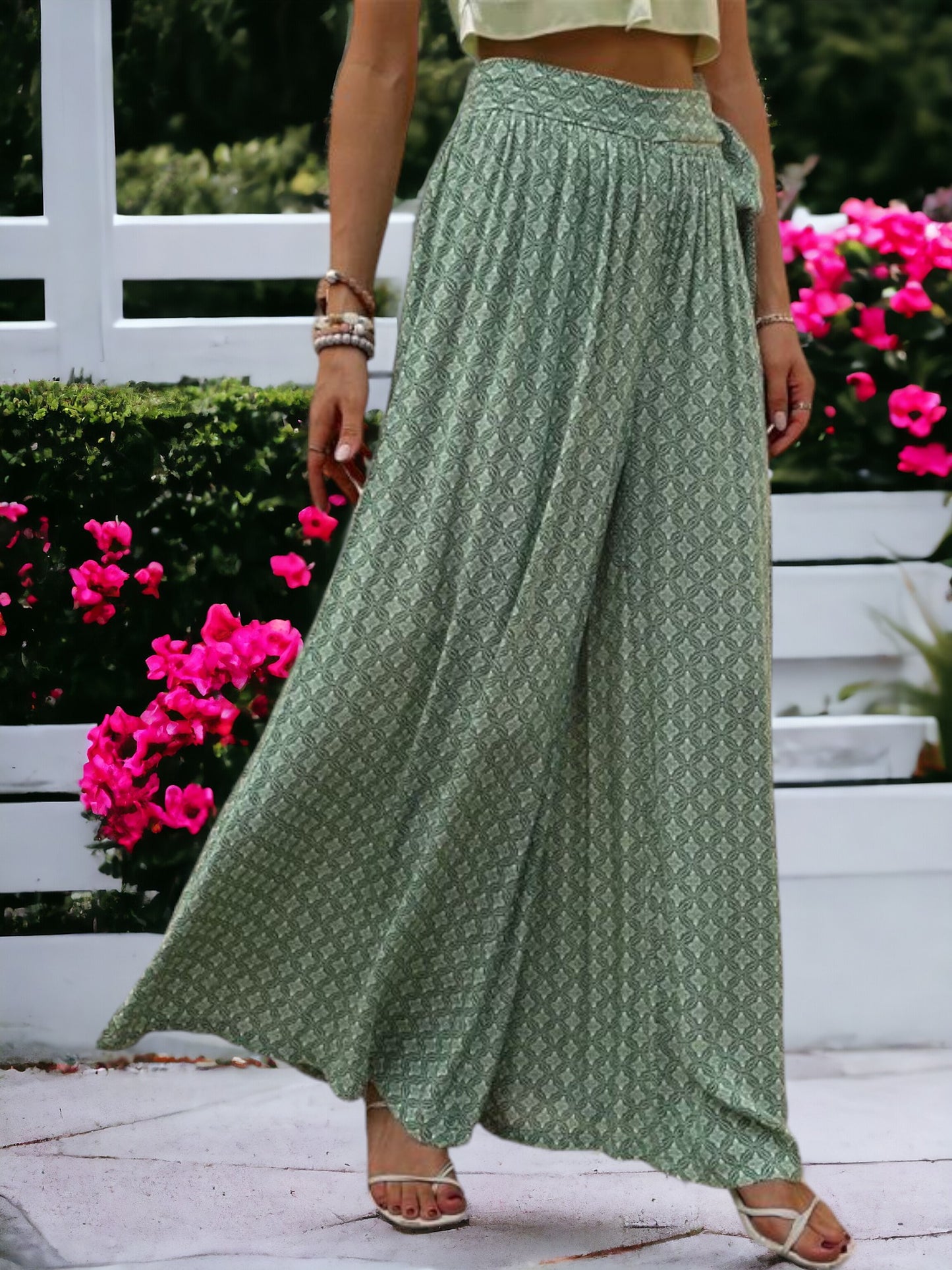 Printed High Waisted Wide Leg Breathable Loose Waist Wrap Pants