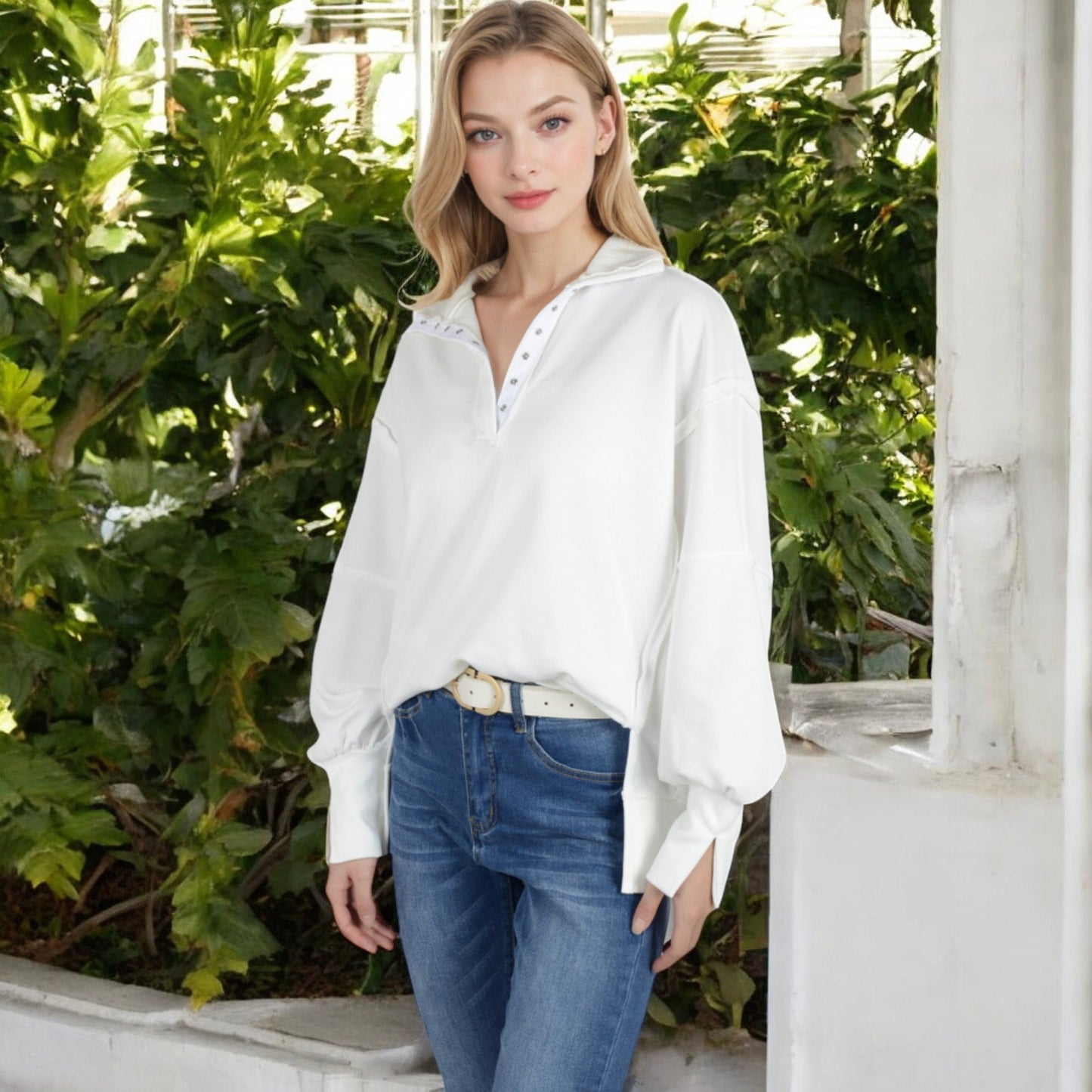 Anna-Kaci Women's Oversized Long Sleeve Pullover with Snap Button Collar and Raw Edge Hem