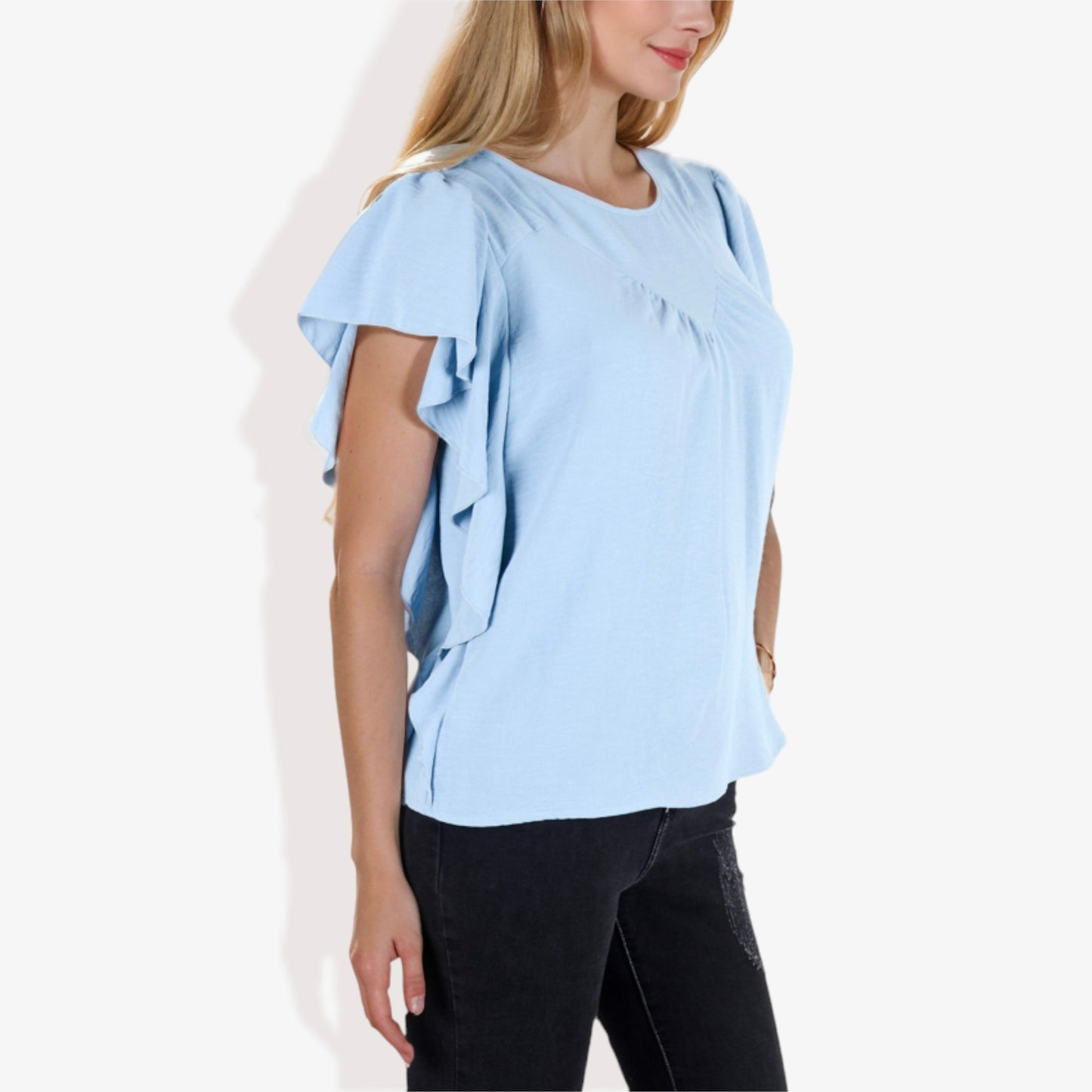 Women's Short Sleeve Pleated Front Blouse with Ruffle Sleeves