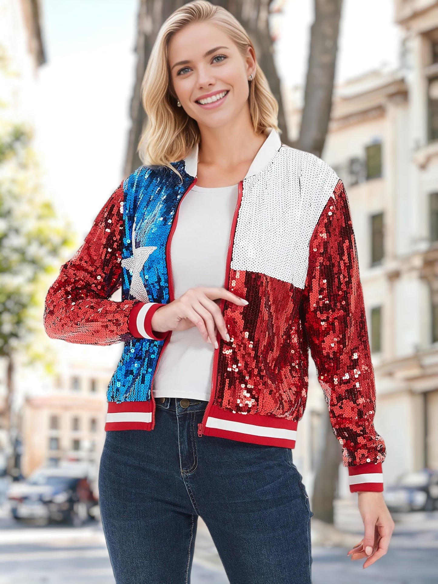 Chaqueta bomber con cremallera y lentejuelas con la bandera estadounidense